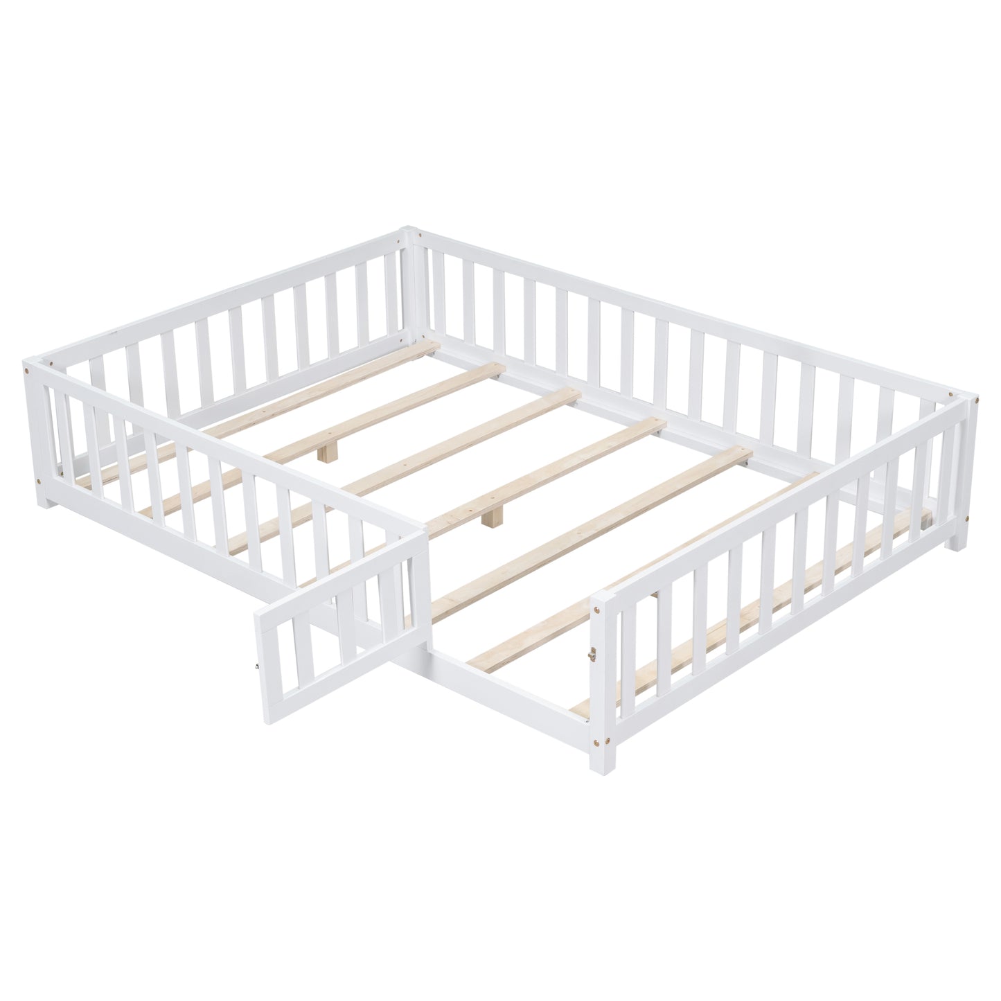 Full Size Floor Platform Bed with Fence and Door for Kids, Montessori Floor Bed Frame with Support Slats for Toddlers, Wooden Floor Bed White