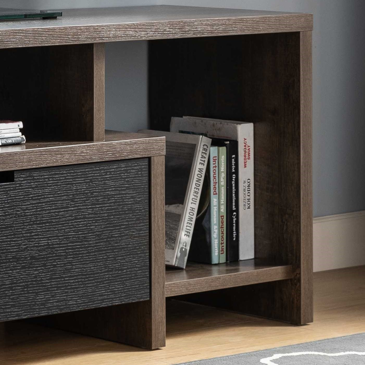 Modern TV Stand with Drawer and Open Shelves in Two-Tone Design