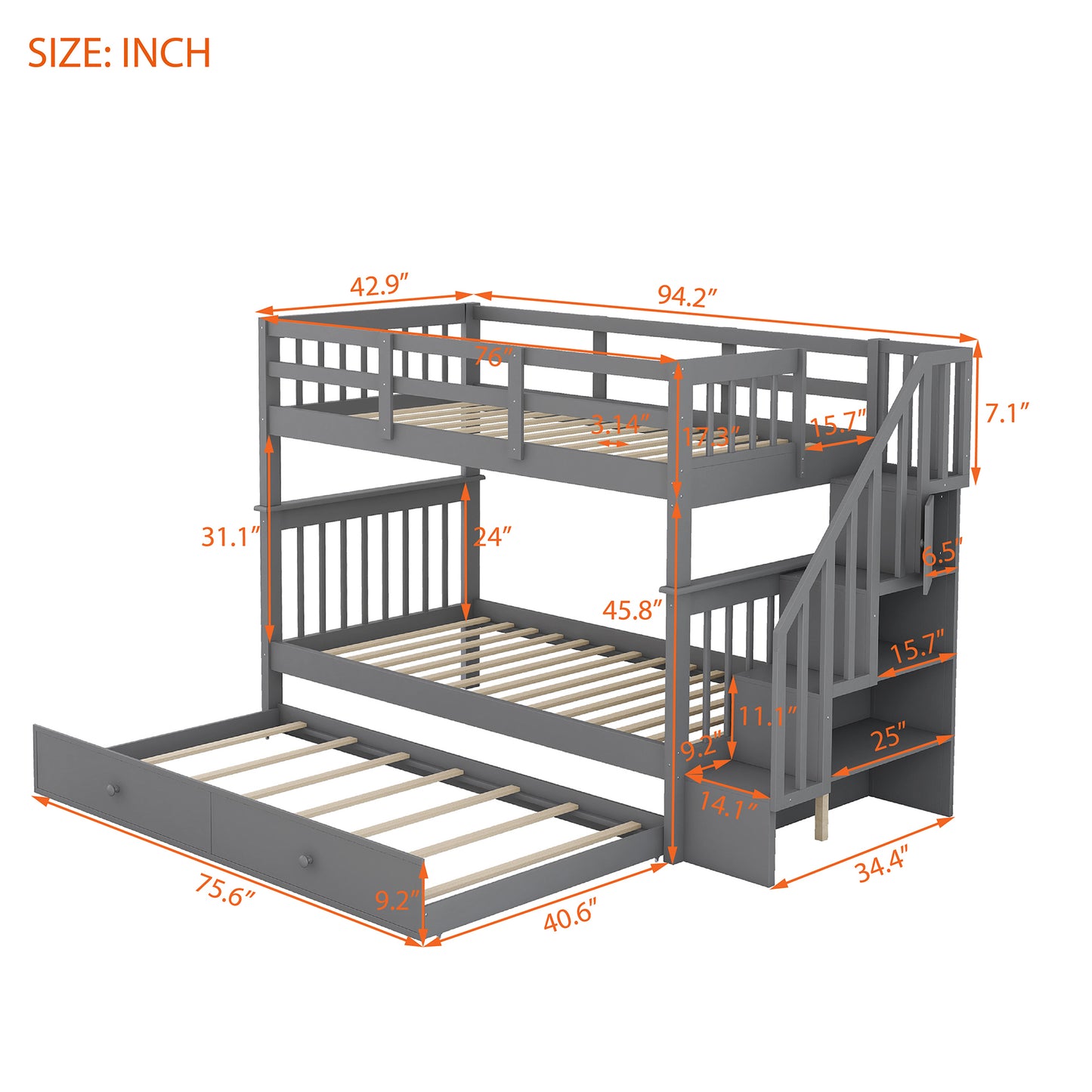 Stairway Twin Bunk Bed with Trundle and Storage in Gray Wood for Bedroom, Dorm or Adults