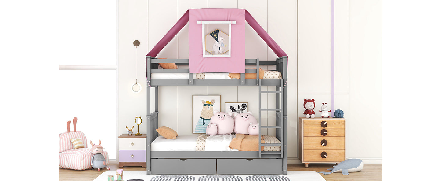 Gray and Pink Twin Over Twin Bunk Bed with Tent and Drawers for a Playful Bedroom Environment