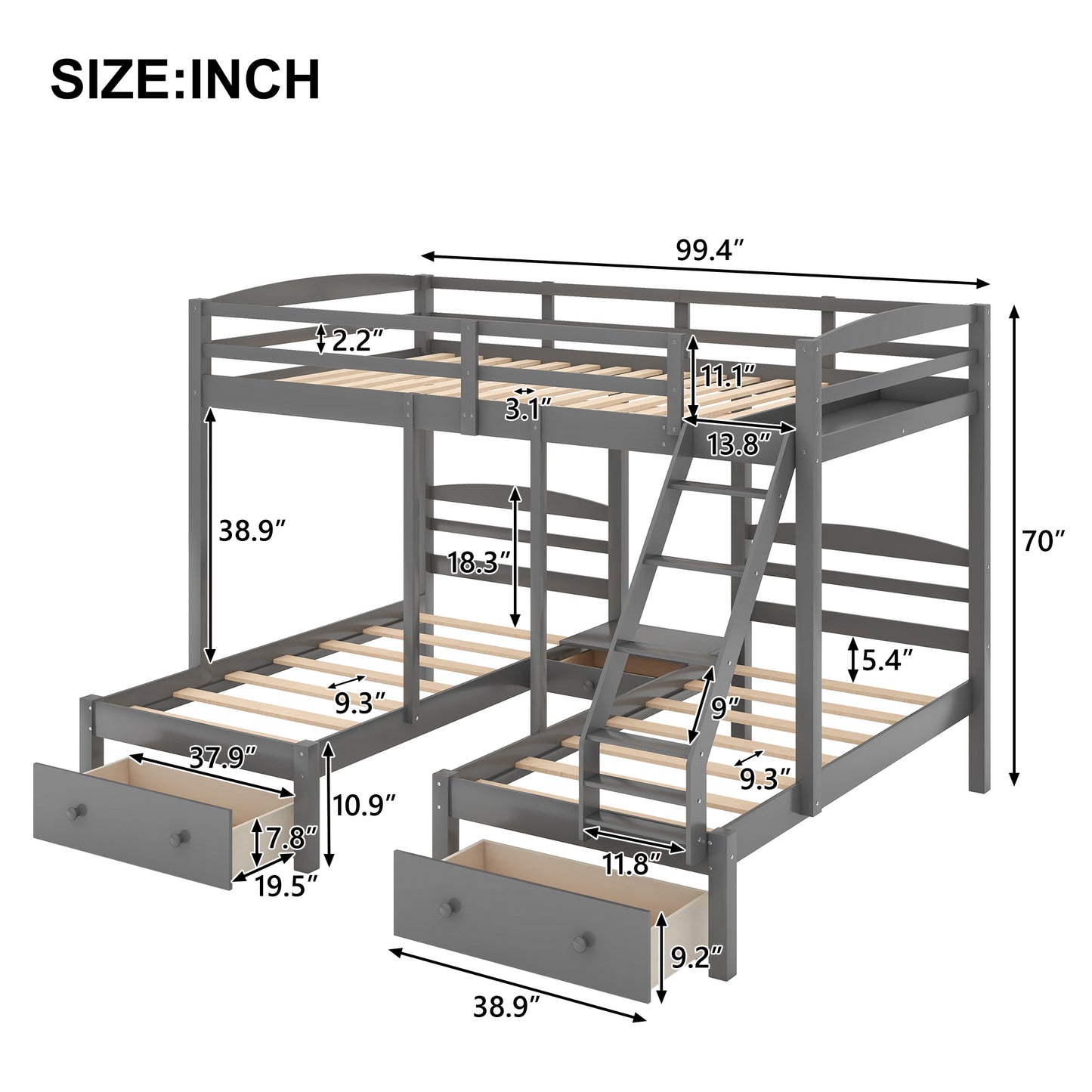 Gray Triple Bunk Bed with Storage Drawers, Full over Twin & Twin Bunk Bed