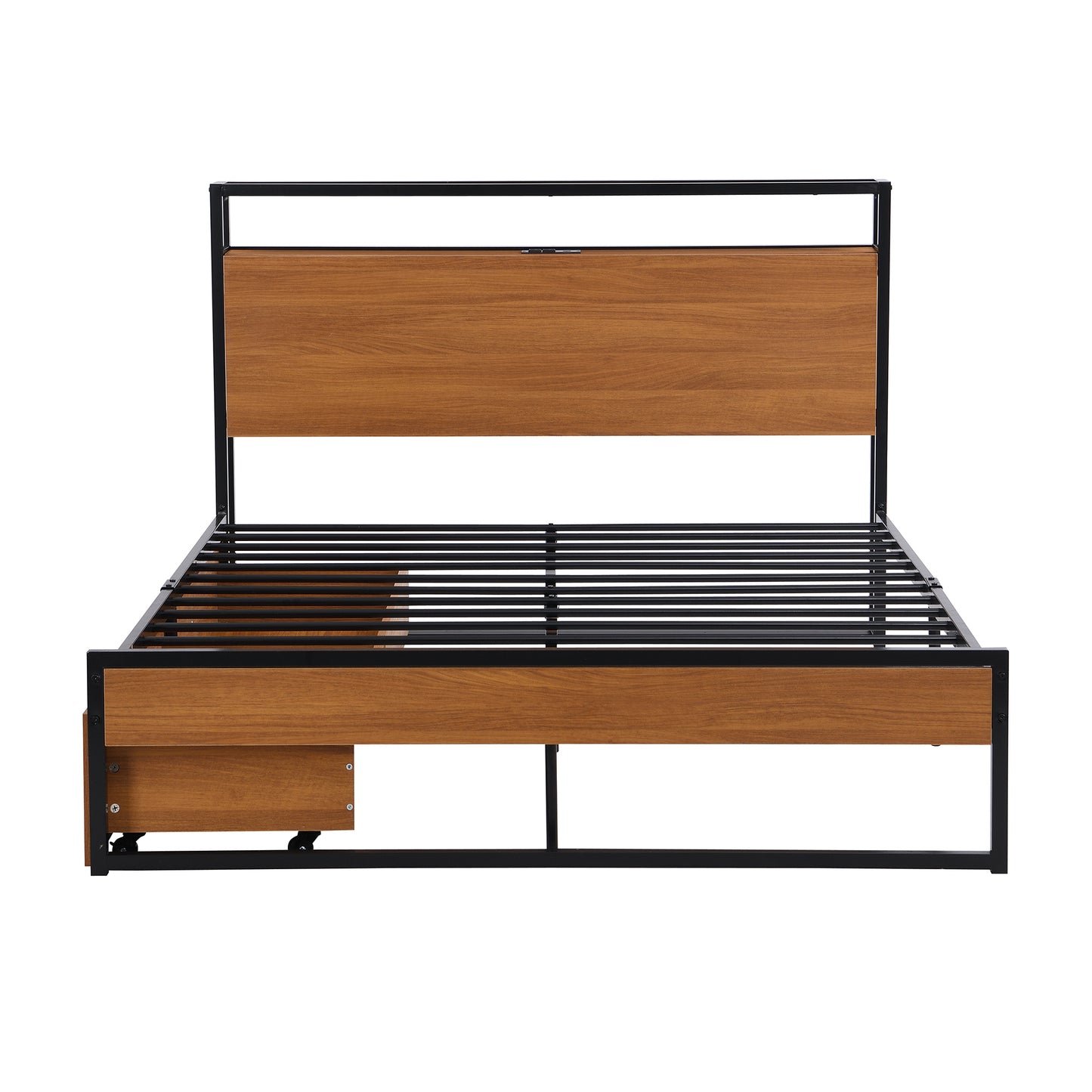 Full Size Metal Platform Bed Frame with  Two Drawers,Sockets and USB Ports ,Slat Support No Box Spring Needed Black