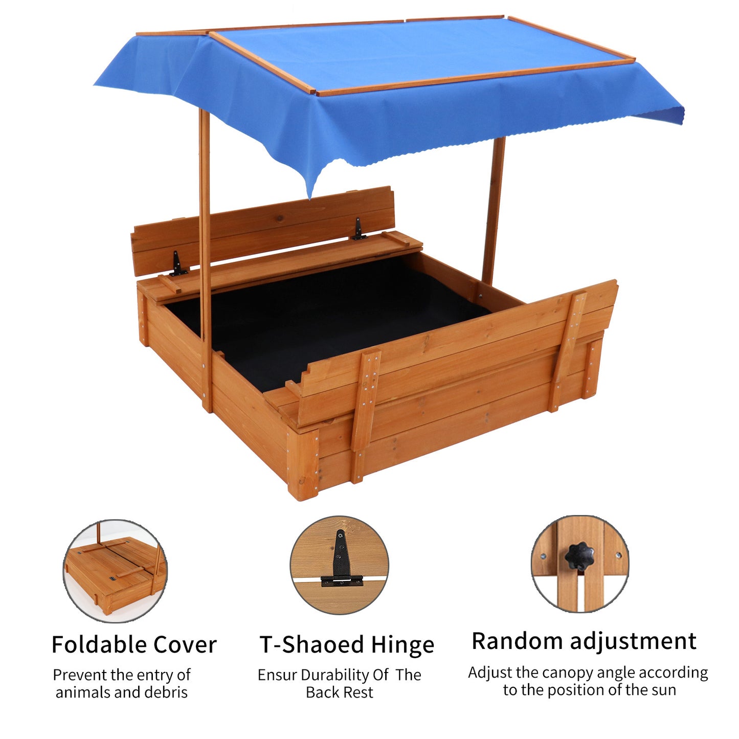 Wooden Sandbox with Adjustable Canopy and Bench Seats for Children 3-8 Years Old