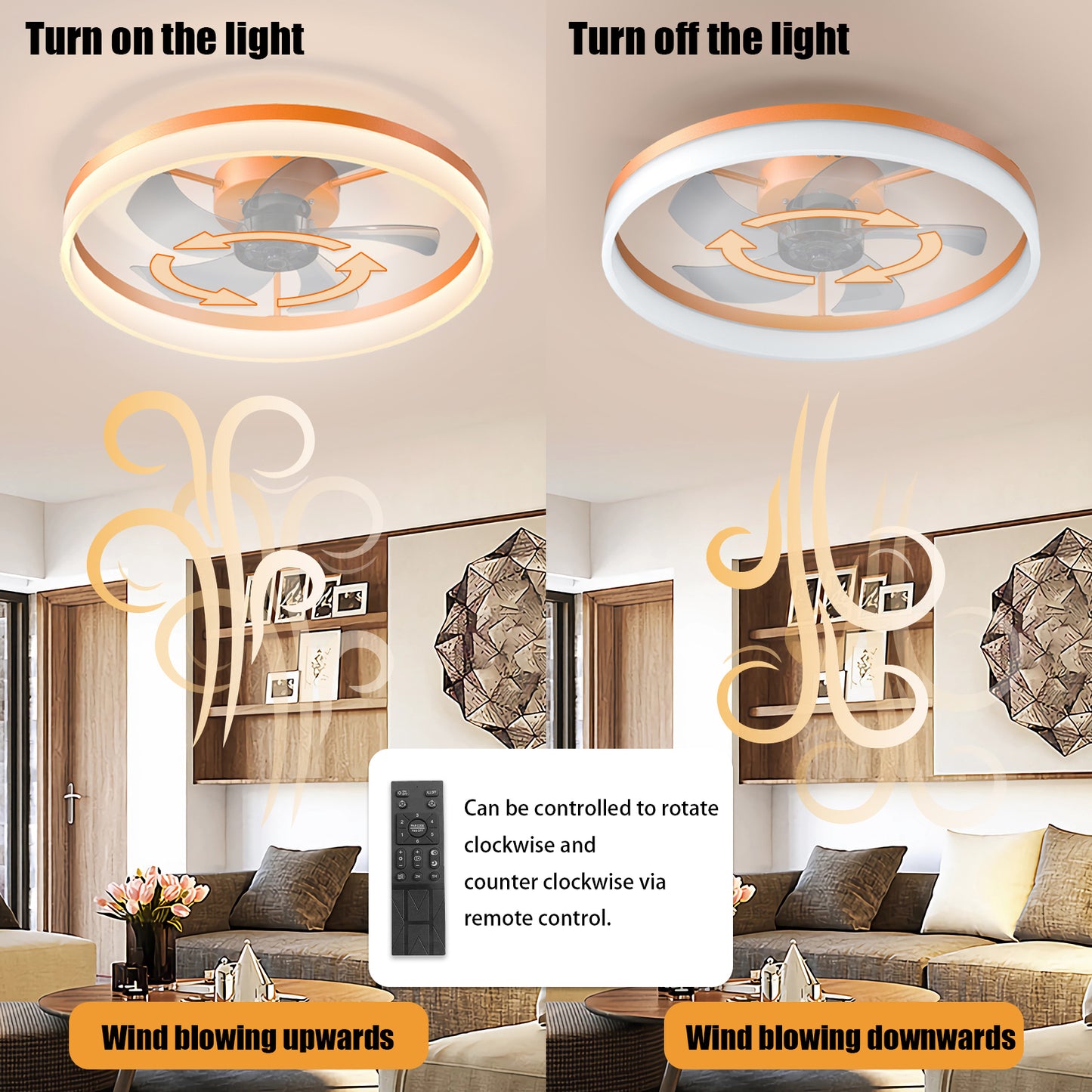 Modern Orange Ceiling Fans with Dimmable LED Lights