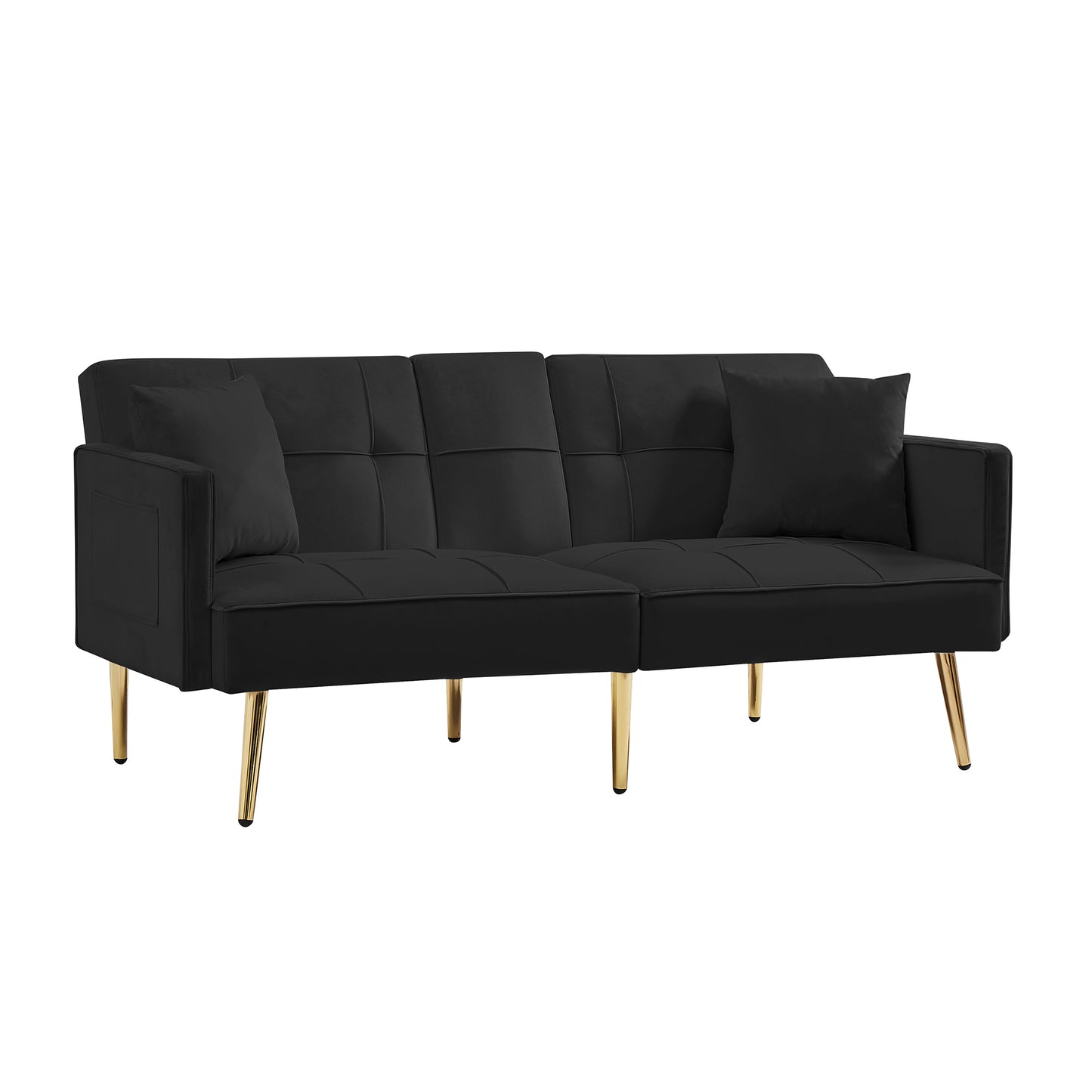 Black Velvet Futon Sofa Bed with Gold Metal Legs