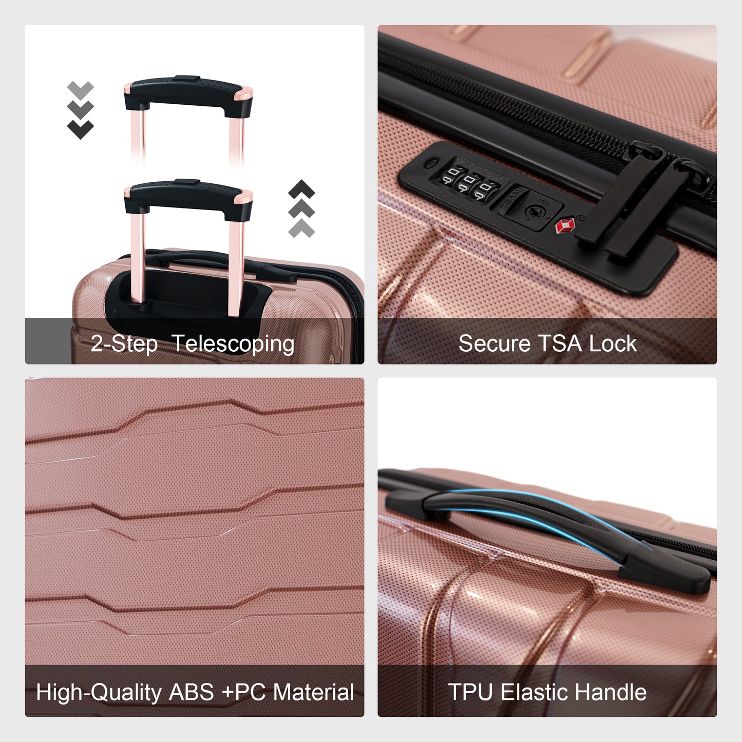 Luggage Sets  ABS+PC Hardshell 3pcs Clearance Luggage Hardside Lightweight Durable Suitcase sets Spinner Wheels Suitcase with TSA Lock  (20/24/28), RoseGold