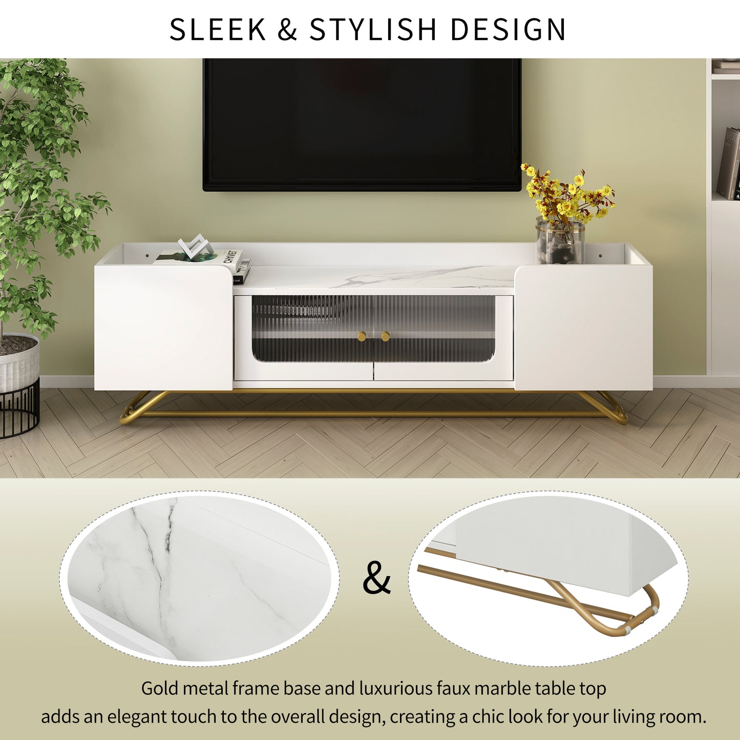 Contemporary White TV Stand with Fluted Glass Doors, Faux Marble Top, and Gold Metal Accents