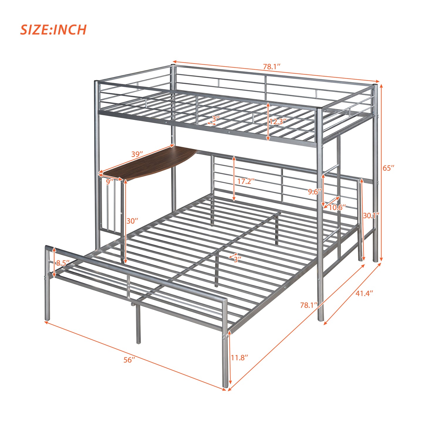 Silver Metal Twin Over Full Loft Bed with Integrated Desk and Ladder