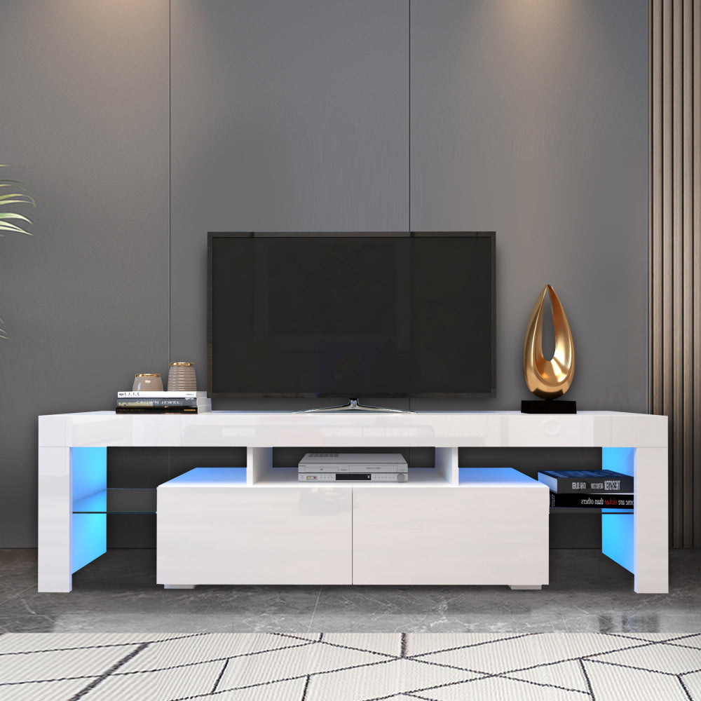 LED TV Stand with Remote Controlled Lights in Modern White, 20 Color Options