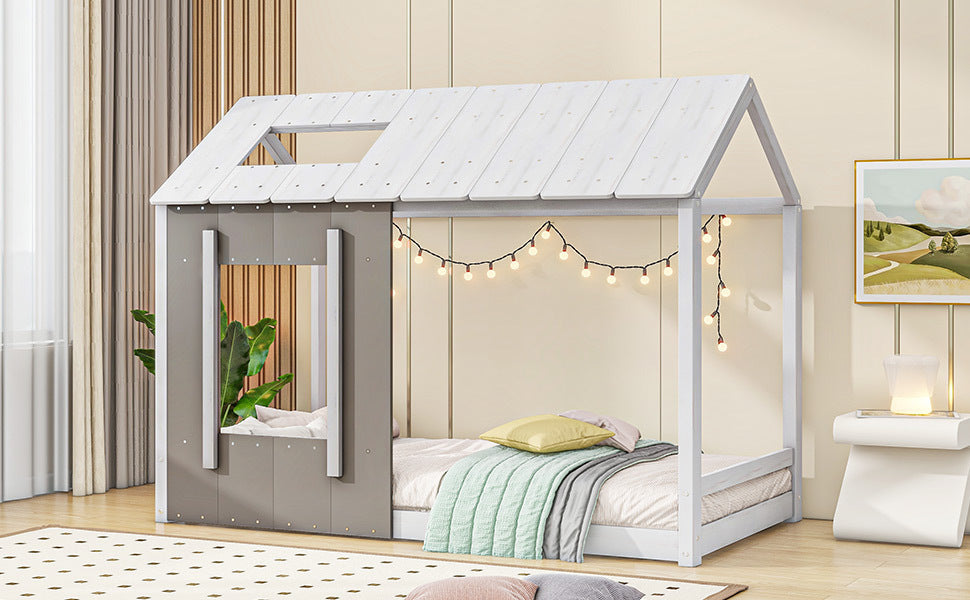 Twin Size House Platform with Roof and Window, White+Antique Grey(: WF294130AAE)