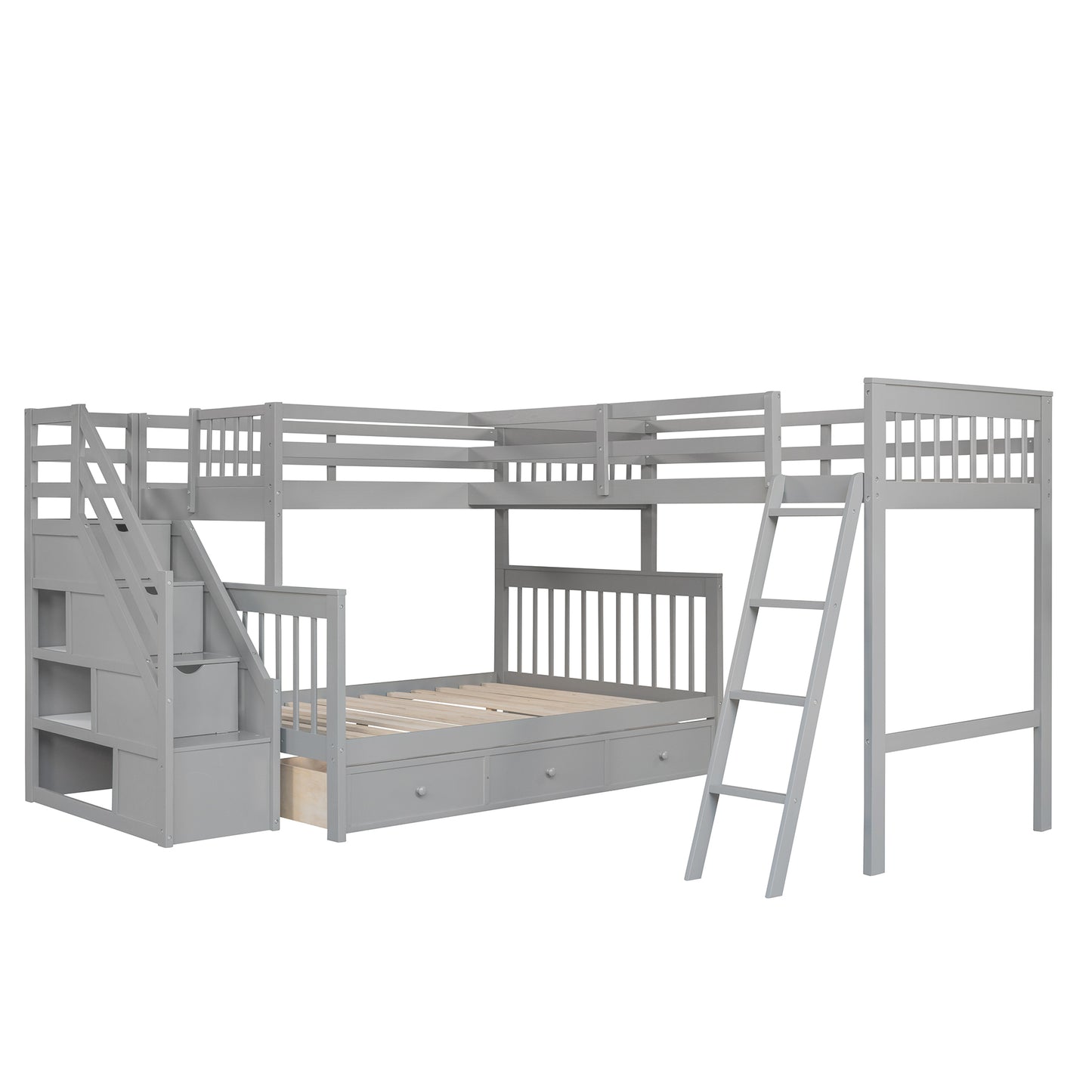 Gray Twin over Full L-Shaped Bunk Bed with Storage Drawers