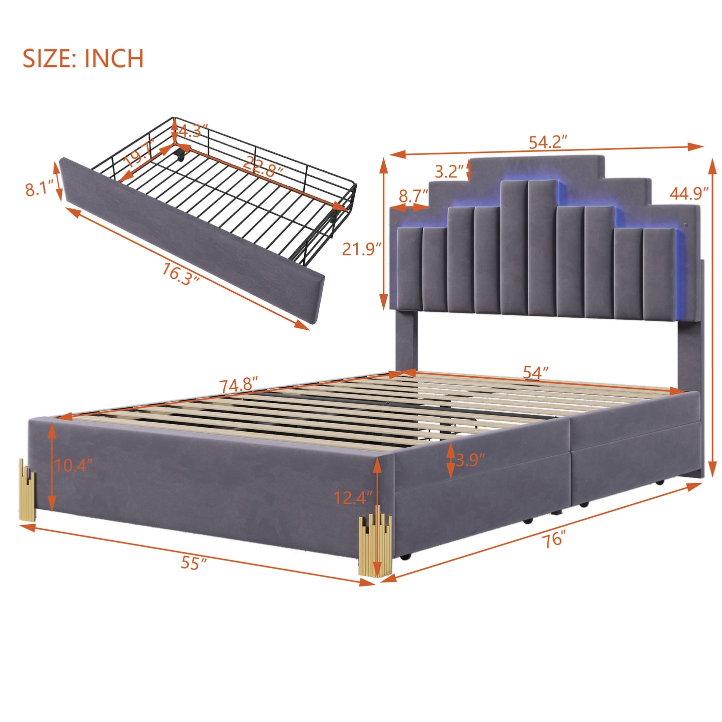 Full Size Upholstered Platform Bed with LED Lights and 4 Drawers, Stylish Irregular Metal Bed Legs Design, Gray