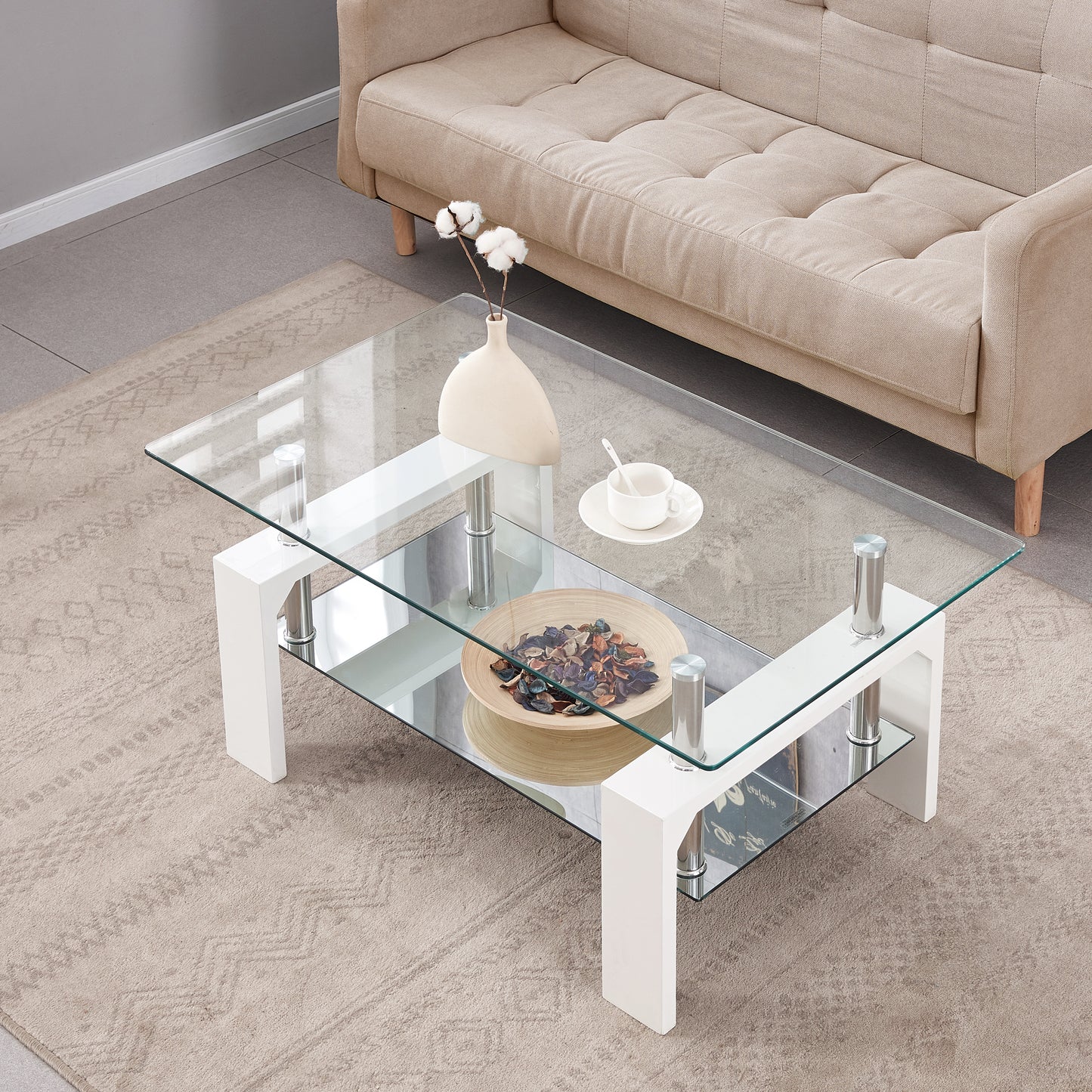 Rectangular Glass Coffee Table with 2-Tier Style