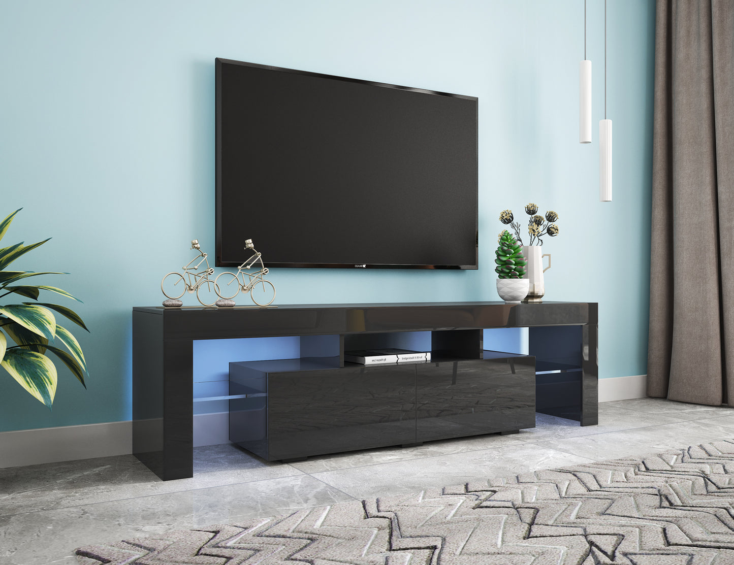 Sleek Black TV Stand with 20 Color LED Lights and Remote Control