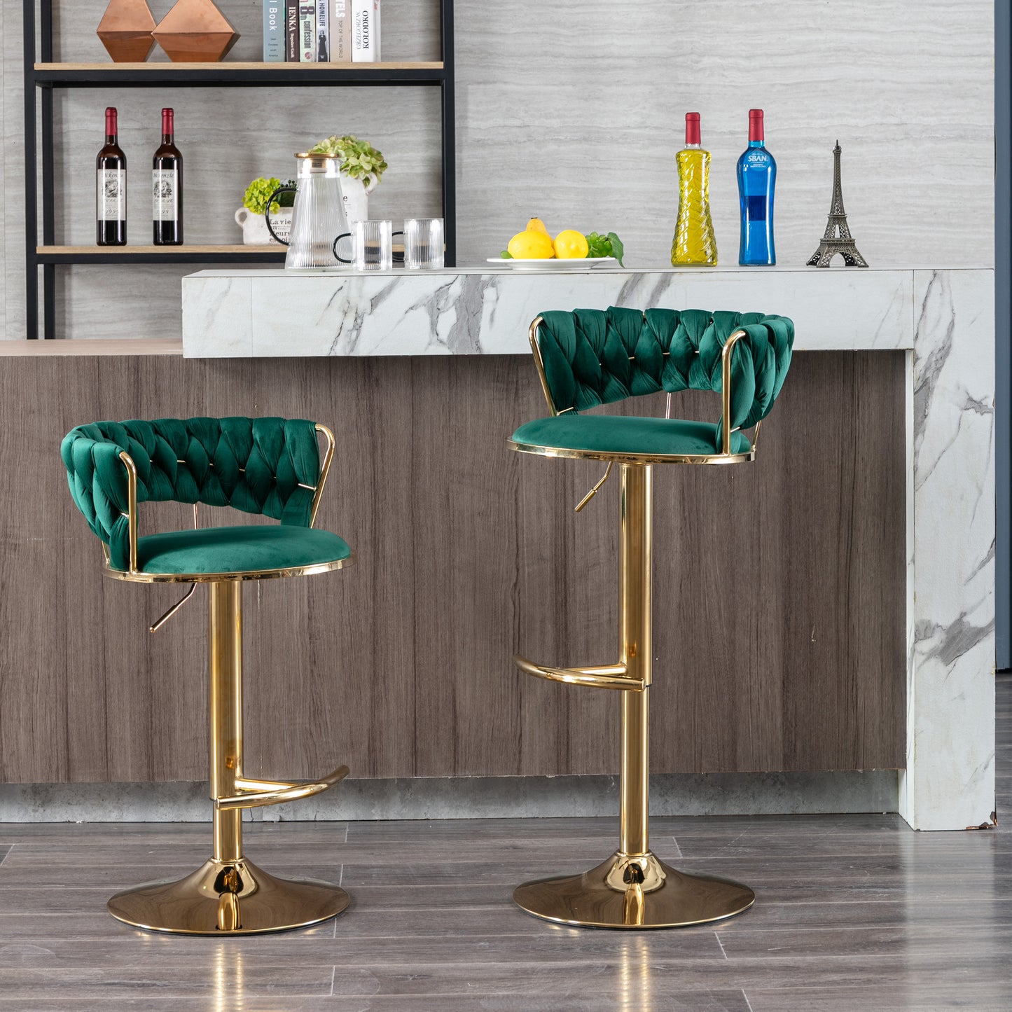 Set of 2  Bar Stools,with Chrome Footrest and Base Swivel Height Adjustable Mechanical Lifting Velvet + Golden Leg Simple Bar Stool-Green