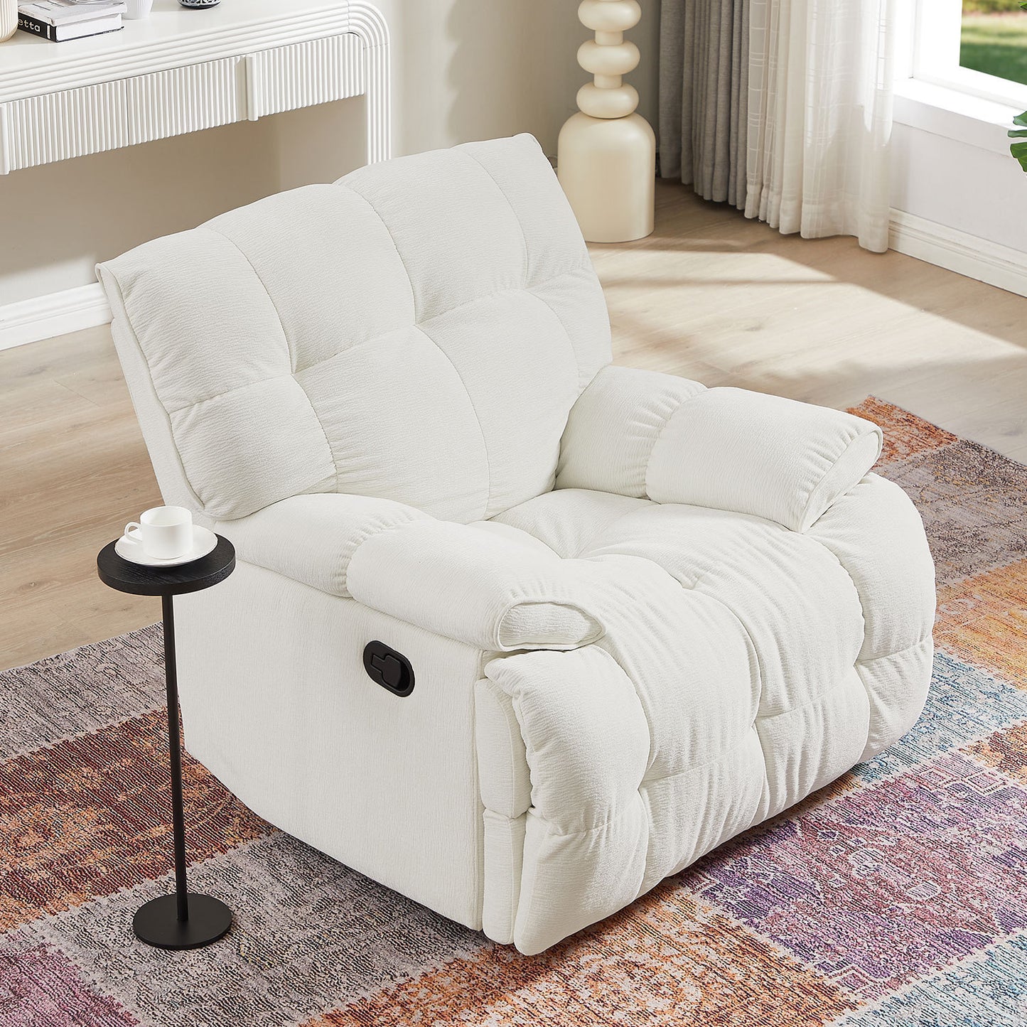 Cream 360 Degree Swivel Fabric Reclining Chair with Overstuffed Backrest