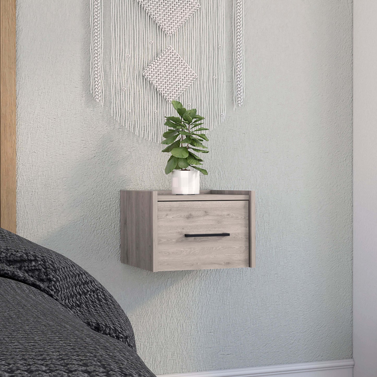 Boa Floating Nightstand, Wall-Mounted Single Drawer Design with Handle- Light Grey - Bedroom