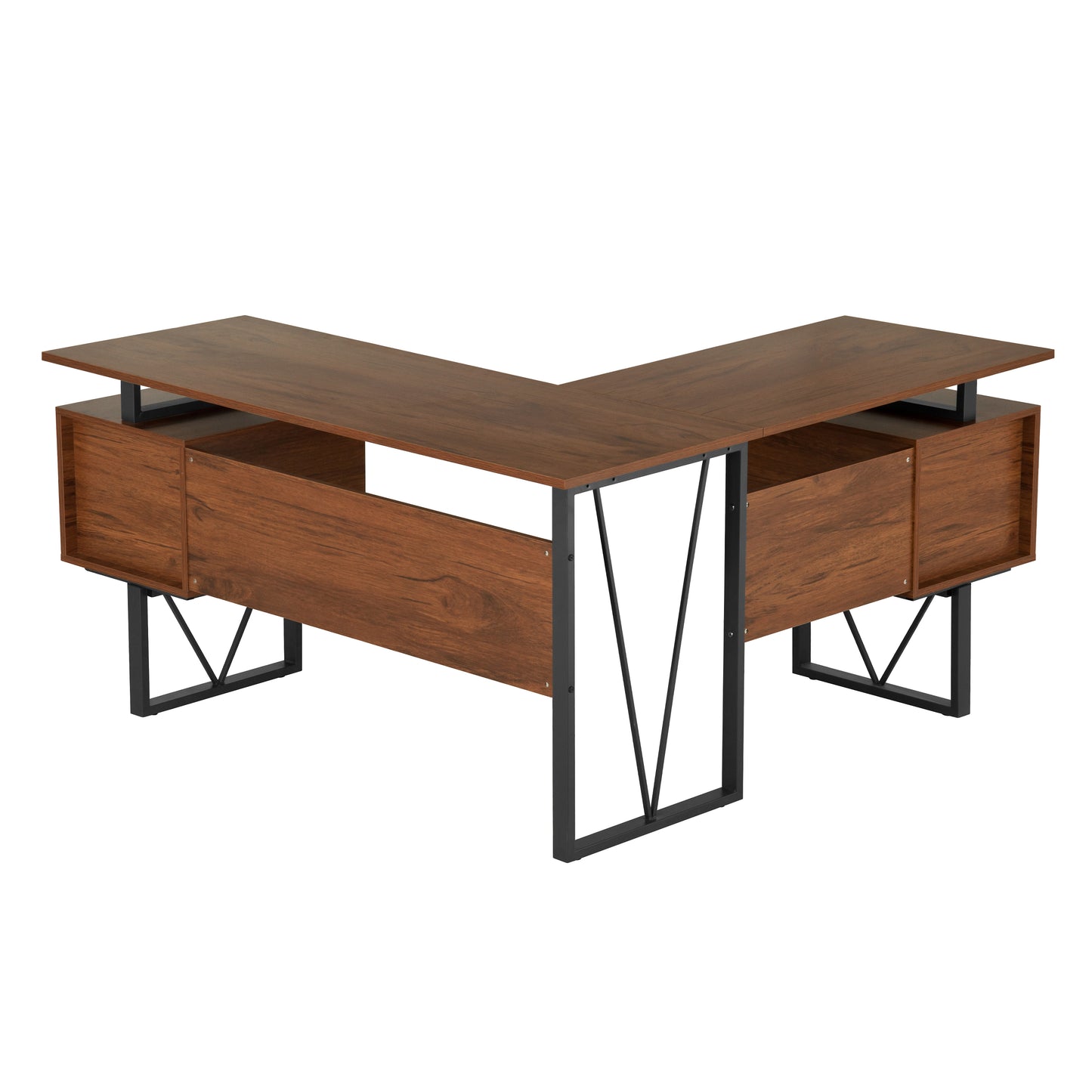 L-Shaped Computer Desk with Walnut Finish, File Cabinet, and Reversible Panels - Contemporary Industrial Design