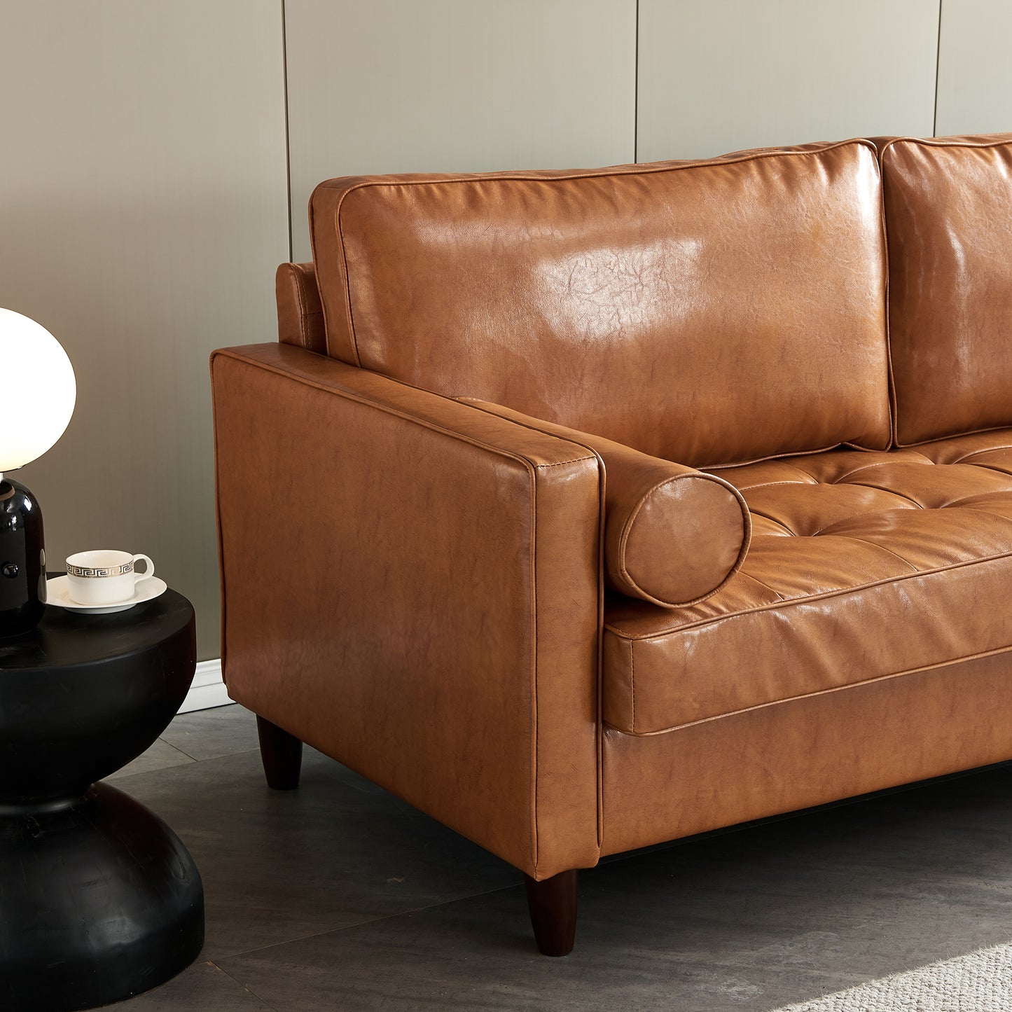 Modern Mid-Century Vegan Leather Sofa （Mocha）