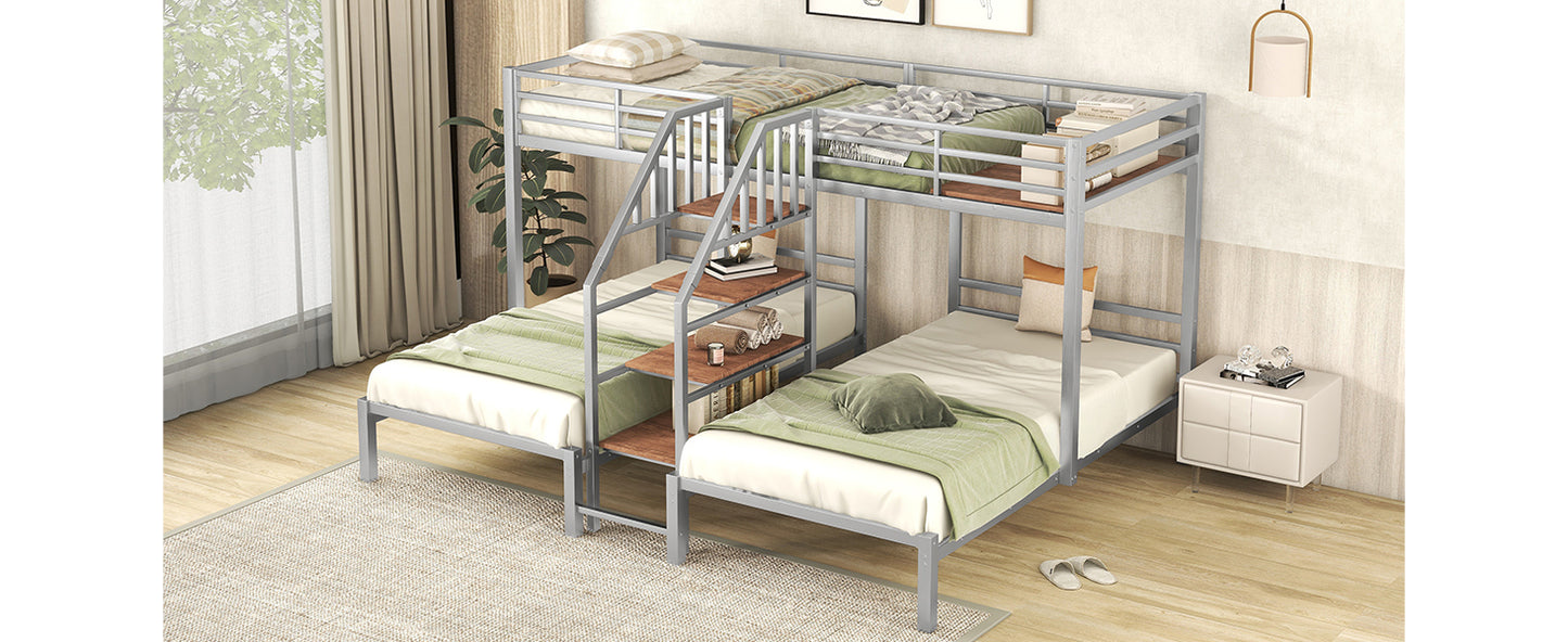 Three-Tiered Metal Bunk Bed with Storage and Staircase, Silver Twin over Twin