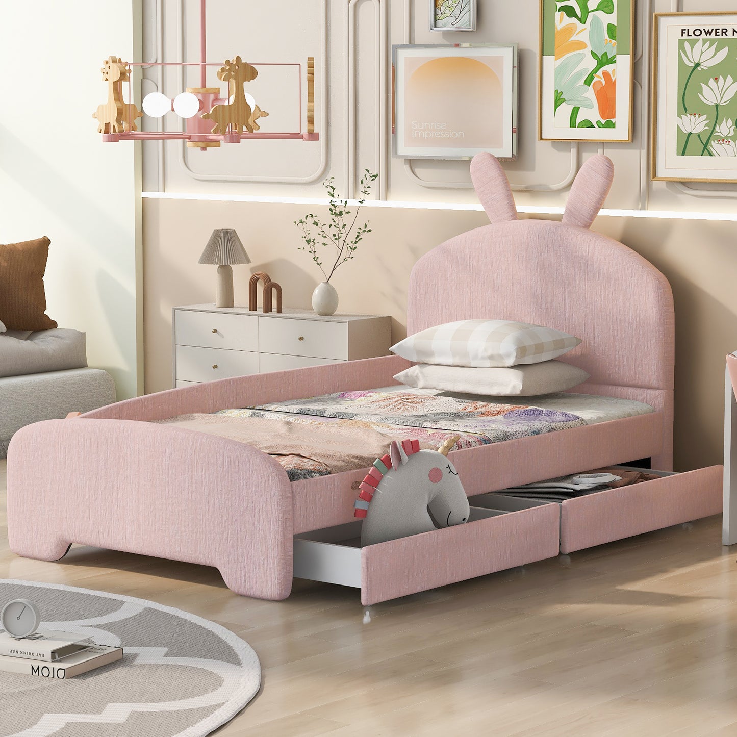 Twin Size Upholstered Platform Bed with Cartoon Ears Shaped Headboard and 2 Drawers, Pink