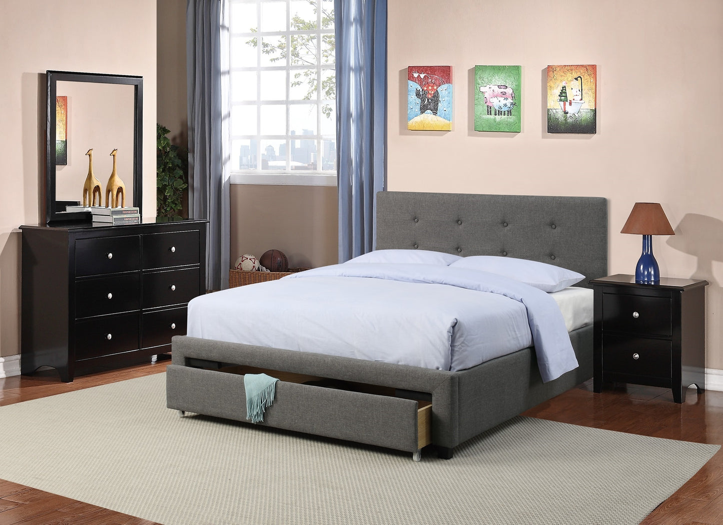 Bedroom Furniture Grey Polyfiber 1pc Queen Size Bed Tufted Headboard Storage Drawers Footboard