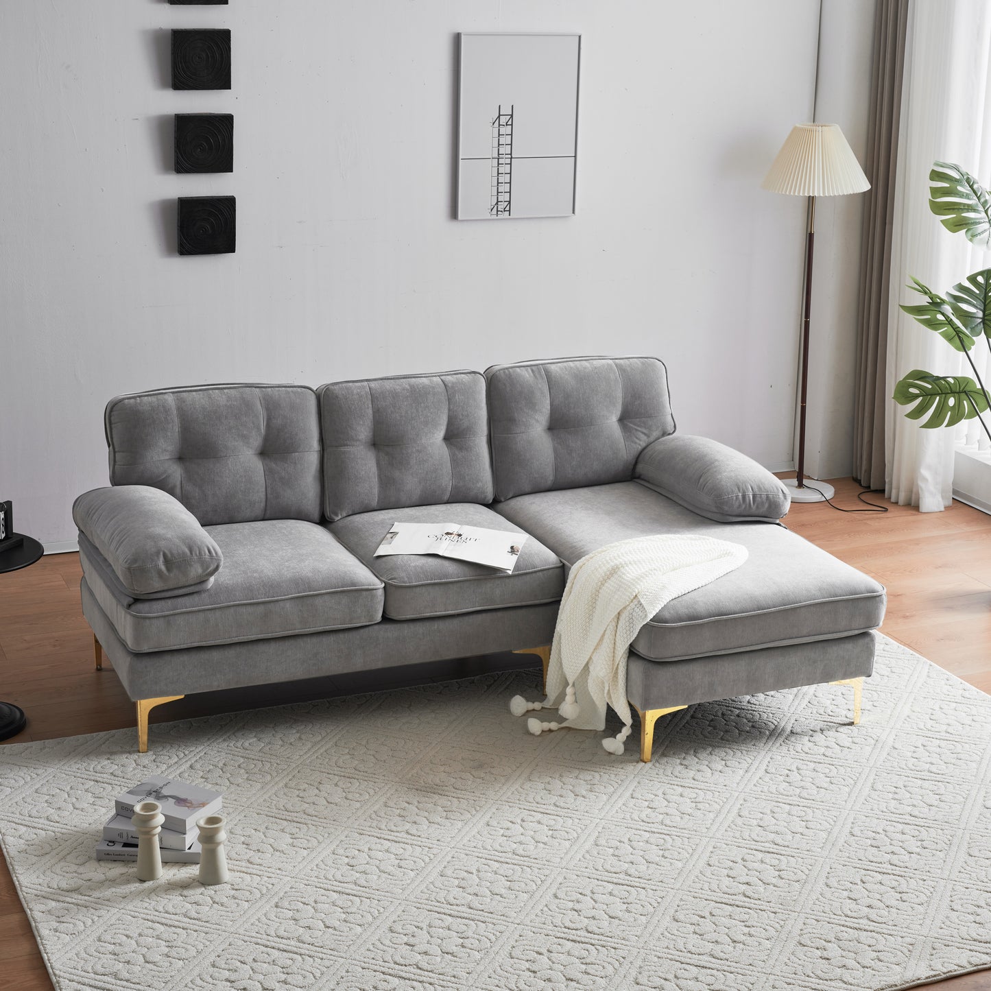 Modern Velvet L-Shaped Sectional Sofa in Light Grey