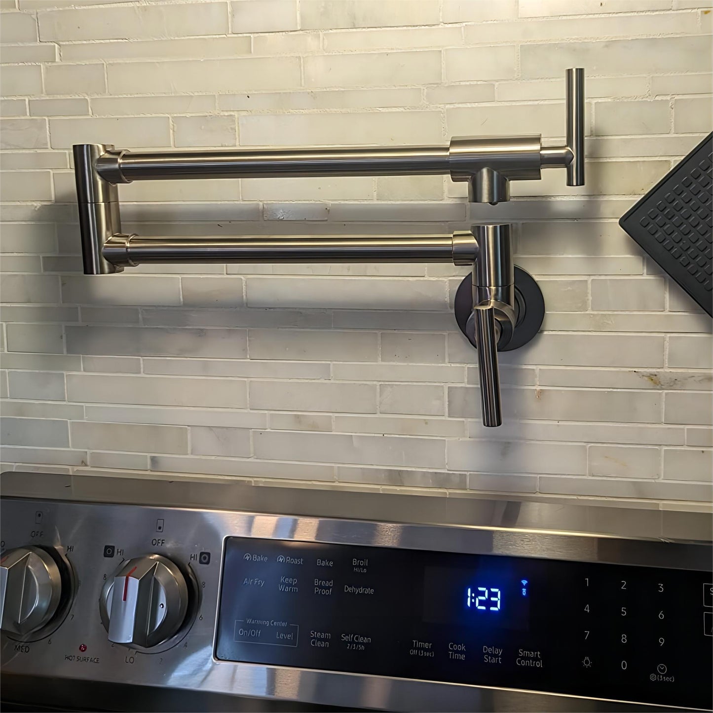 Pot Filler Faucet Wall Mount, Brushed Nickel Finish and Dual Swing Joints Design