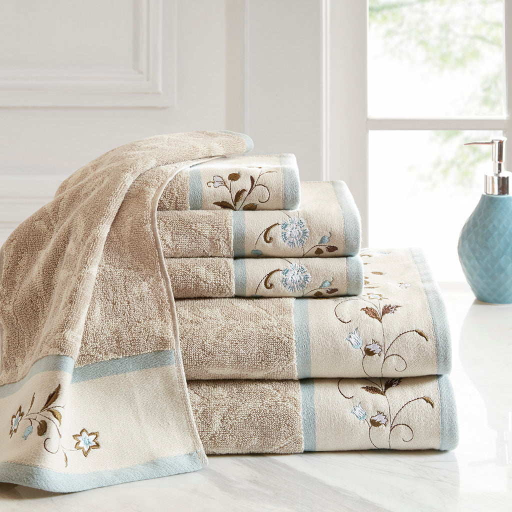 Embroidered Leaf Design Cotton Jacquard 6-Piece Towel Set