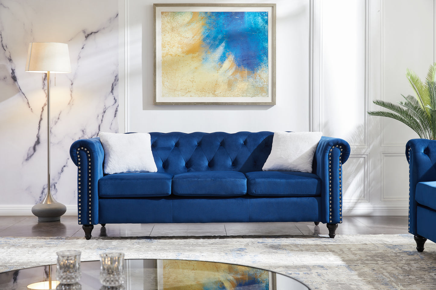 Blue Velvet 3 Piece Living Room Sofa Set with Button Tufting and Copper Nail Accents