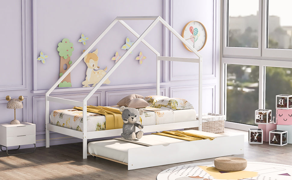 Twin Size Wooden House Bed With Twin Size Trundle, White