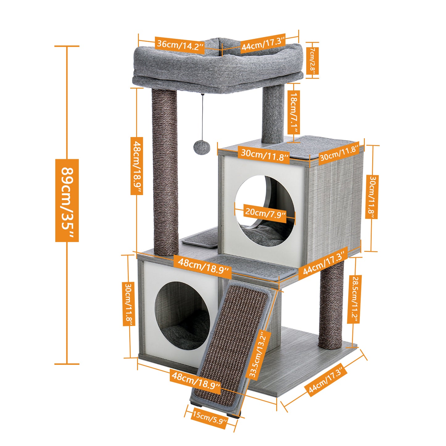 Cat Tree Luxury 34 Inches Cat Tower with Double Condos, Spacious Perch, Fully Wrapped Scratching Sisal Posts and Replaceable Dangling Balls Gray