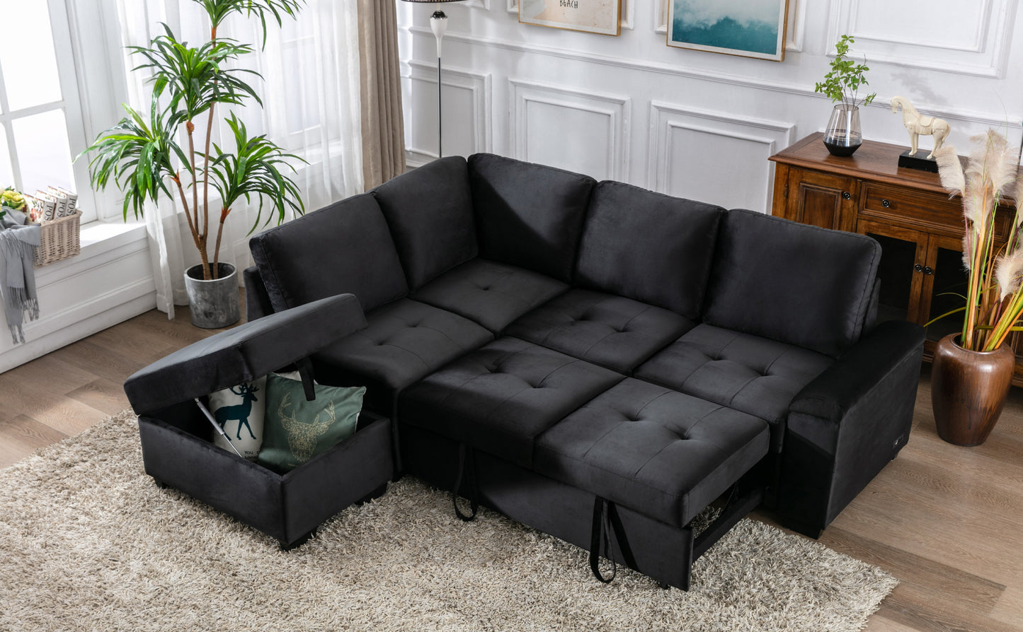 L-Shaped Sleeper Sectional Sofa with Storage Ottoman, USB Charge, and Hidden Arm Storage in Black Velvet