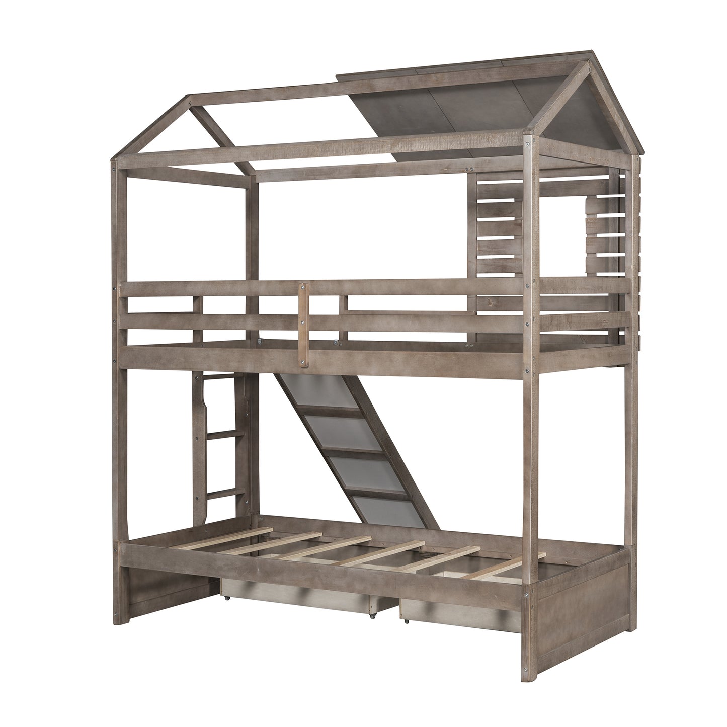 House-Shaped Twin Over Twin Bunk Bed with Slide, Storage Drawers, and Antique Gray Wood Finish