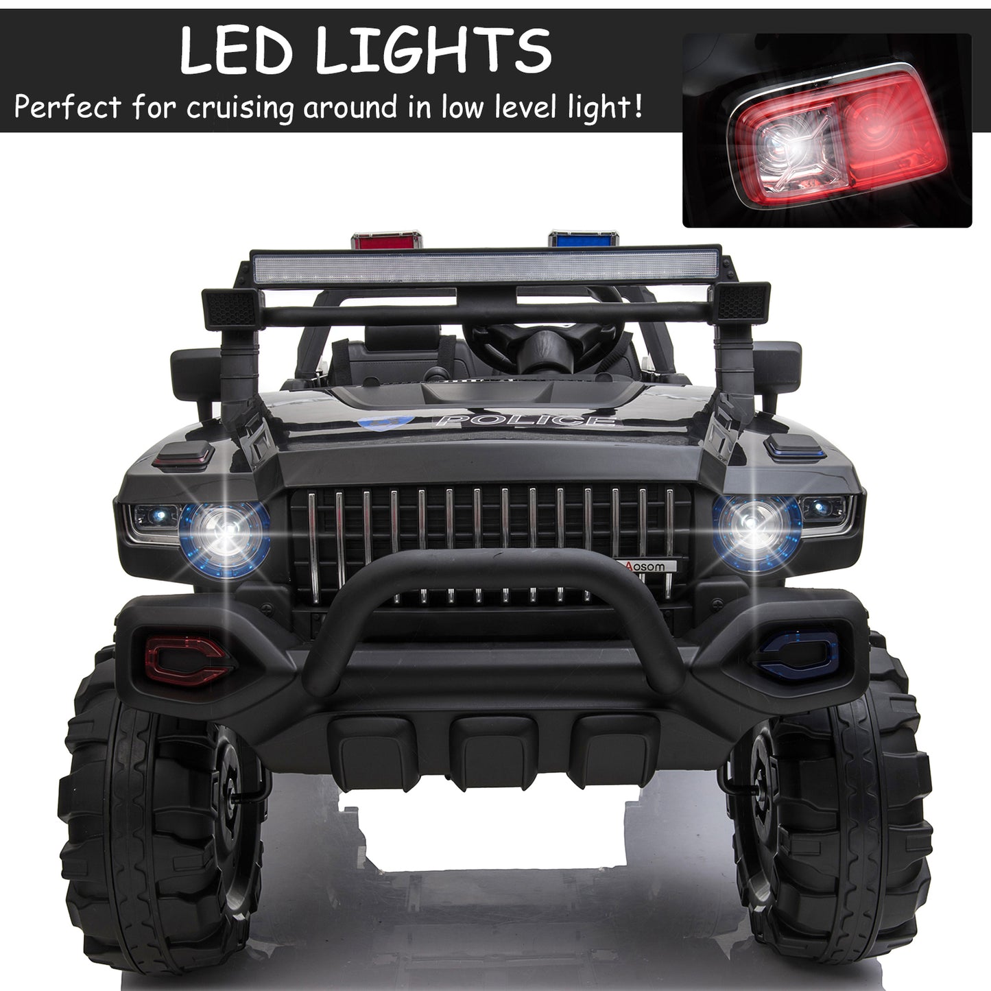 Aosom Big Size 53"L 2-Seater 12V Police Car Ride-on Truck with Remote Control and Siren, Battery-Operated Electric Car for Kids with Suspension, MP3 Player, Lights, Music, Horn, Black