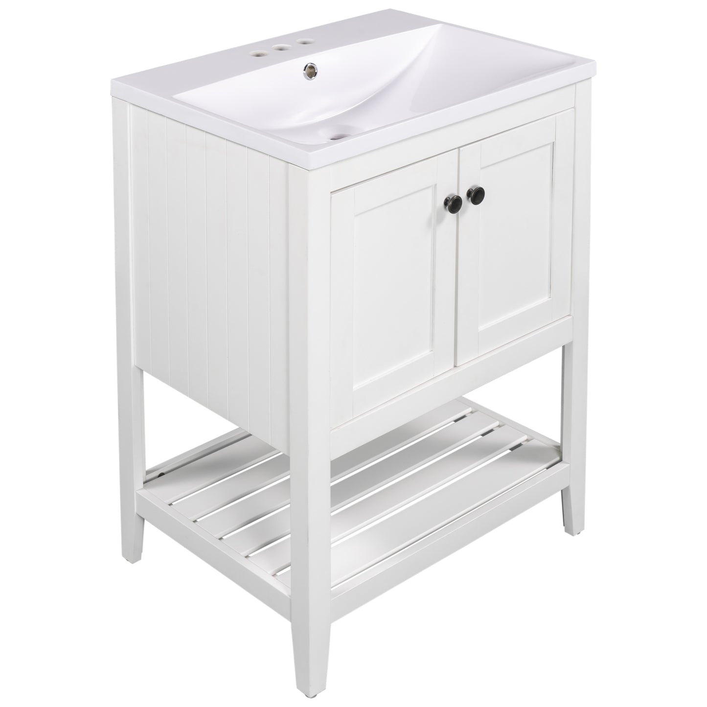 24" White Modern Sleek Bathroom Vanity Elegant Ceramic Sink with Solid Wood Frame Open Style Shelf