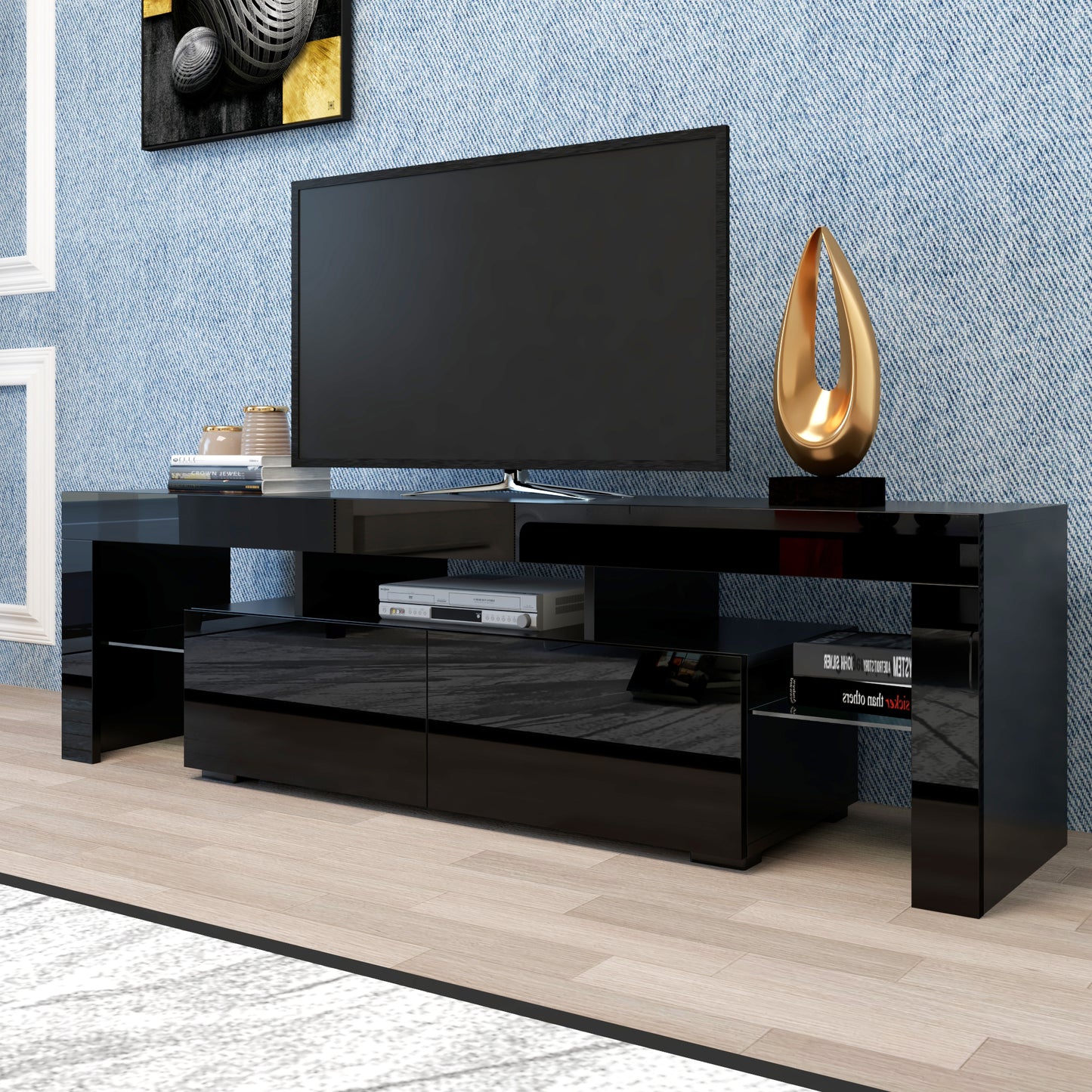 Sleek Black TV Stand with 20 Color LED Lights and Remote Control