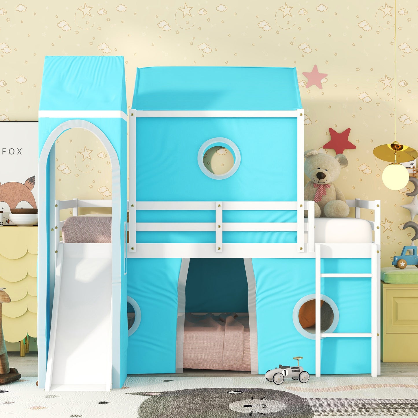 Blue Castle Loft Bed with Slide and Tower for Kids