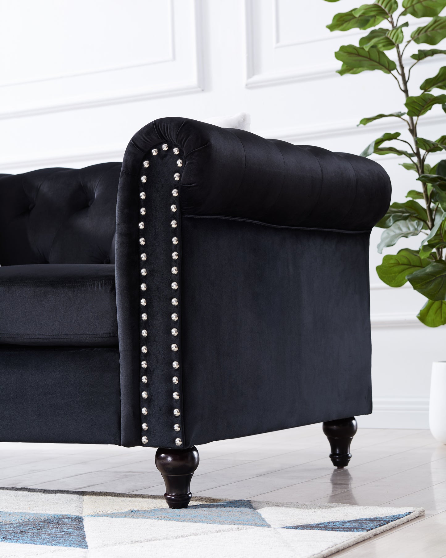 Black Velvet 3-Seater Sofa with Button Tufting and Copper Nail Detailing