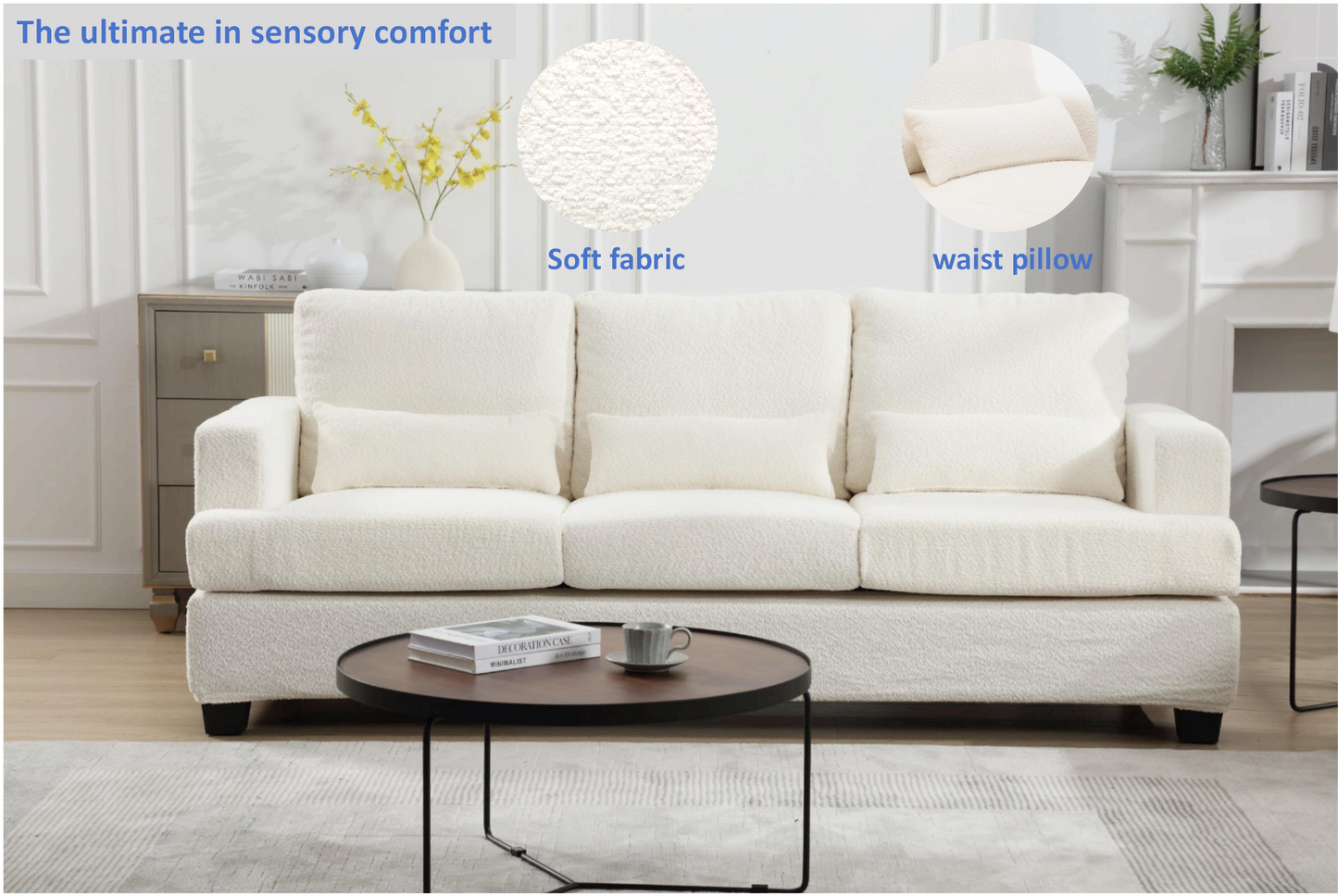 Elegant 3-Seater Modern White & Gray Sofa with Square Armrests and Removable Cushions