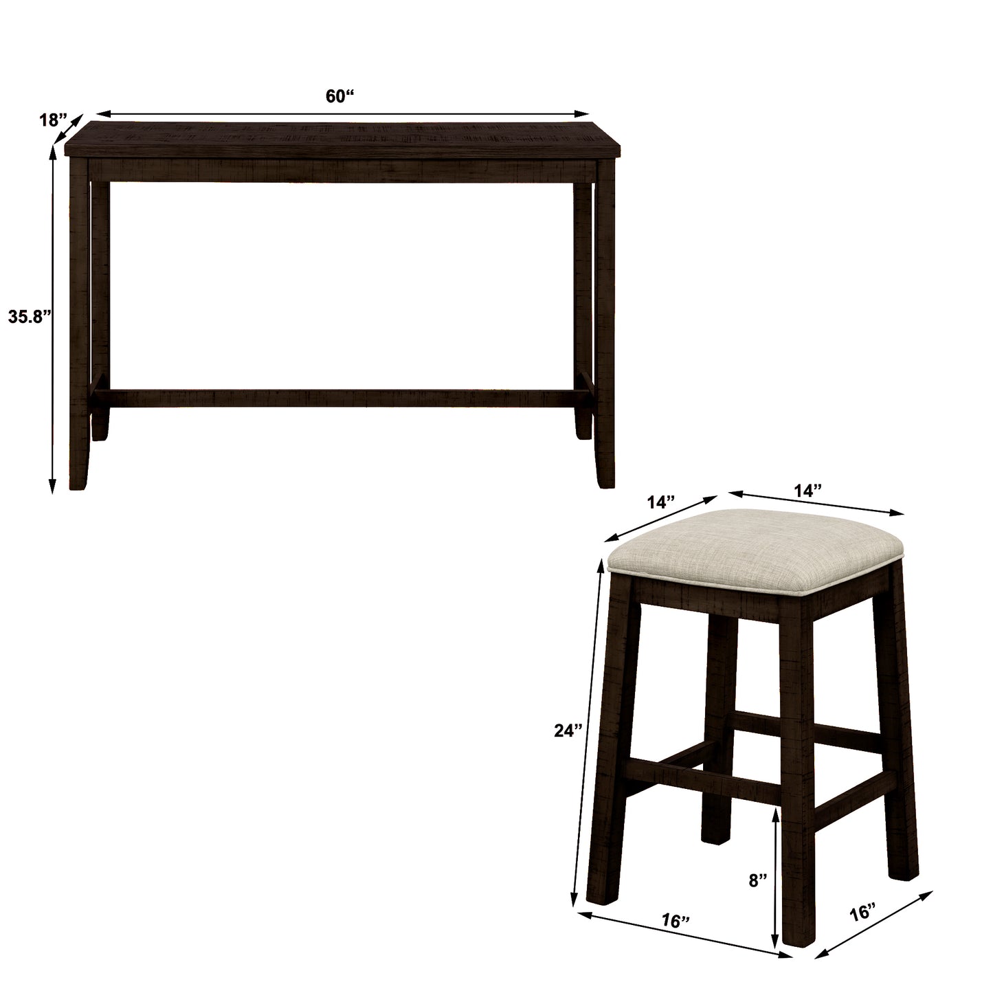 4 Pieces Counter Height Table with Fabric Padded Stools, Rustic Bar Dining Set with Socket, Brown