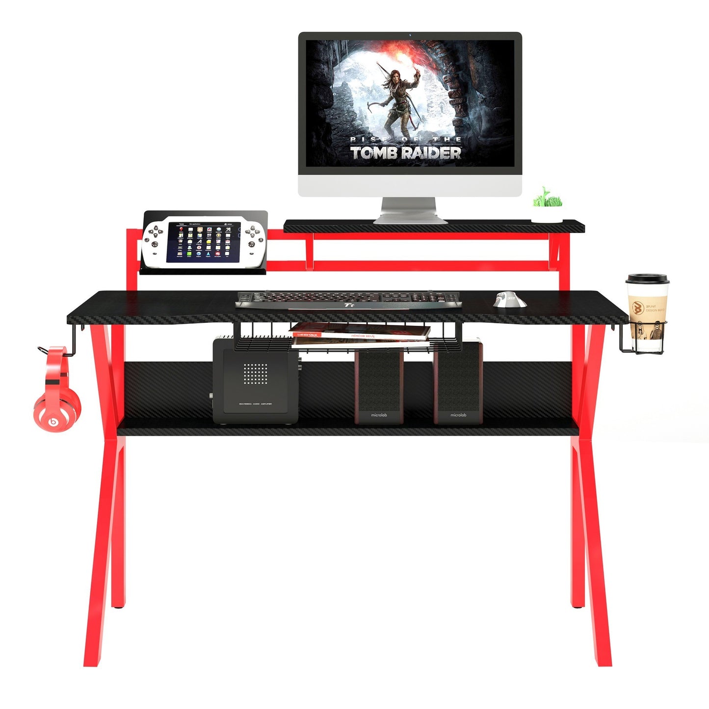 Ergonomic Gaming Desk with Black and Red Metal Frame and PVC Coating