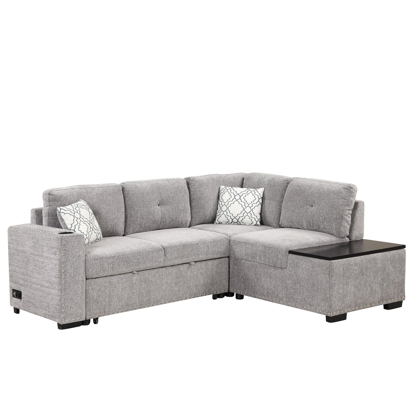 Convertible L-Shaped Sectional Sleeper Sofa with Storage Chaise and Charging Ports in Light Gray