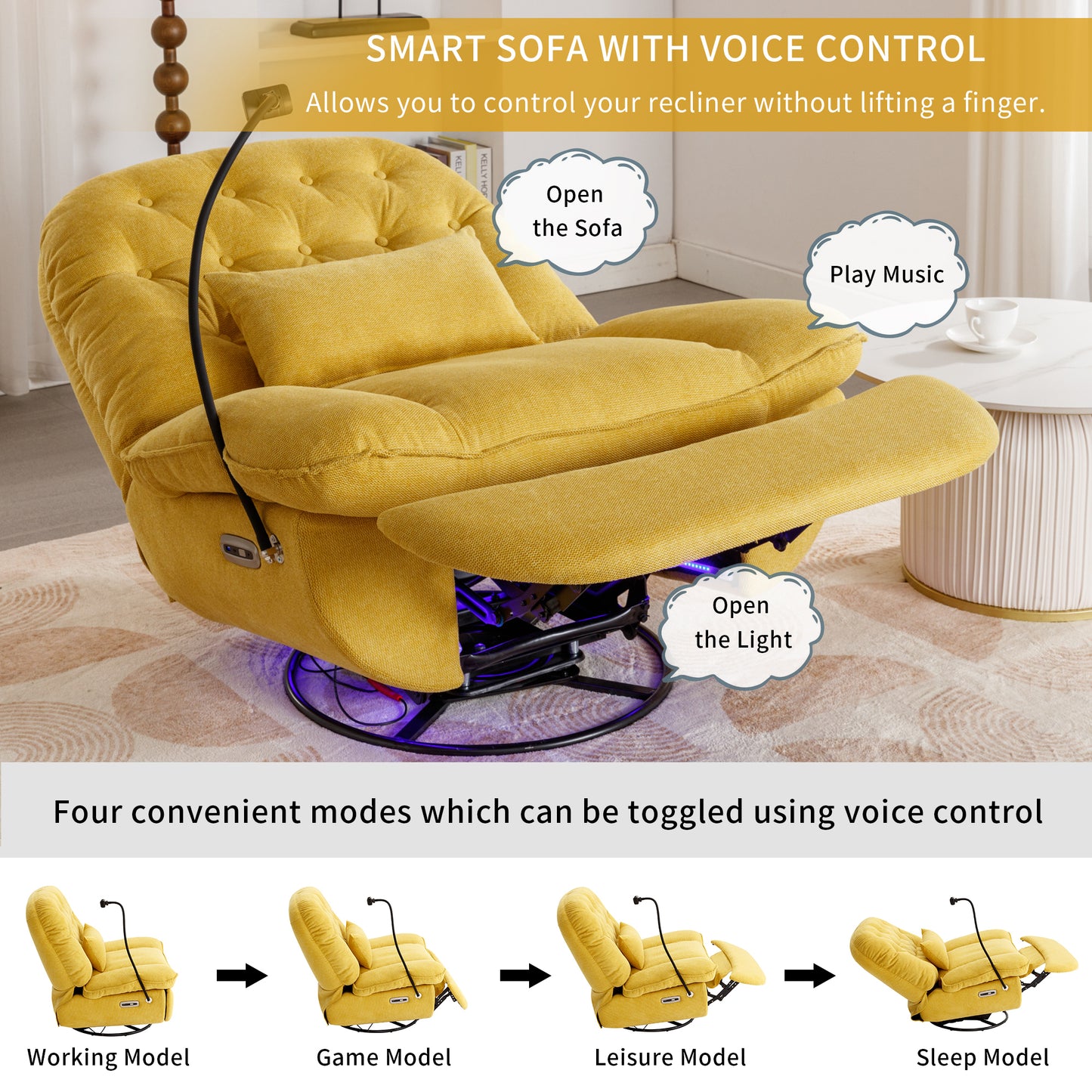 Yellow Power Recliner with Voice Control and Bluetooth Music Player