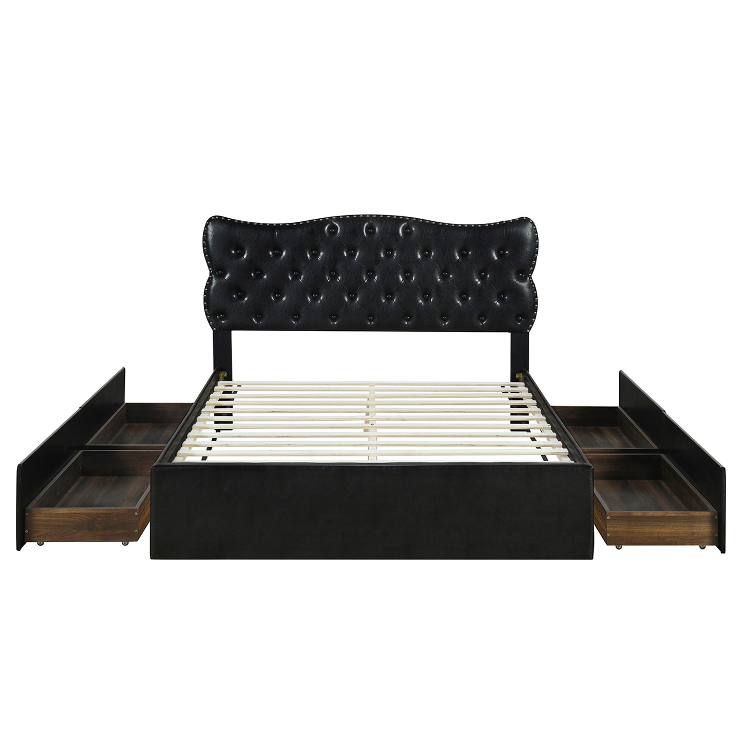 Queen Size Bed Frame with 4 Storage Drawers,Leather Upholstered Platform Heavy Duty Bed,Wood Slat Support,Black