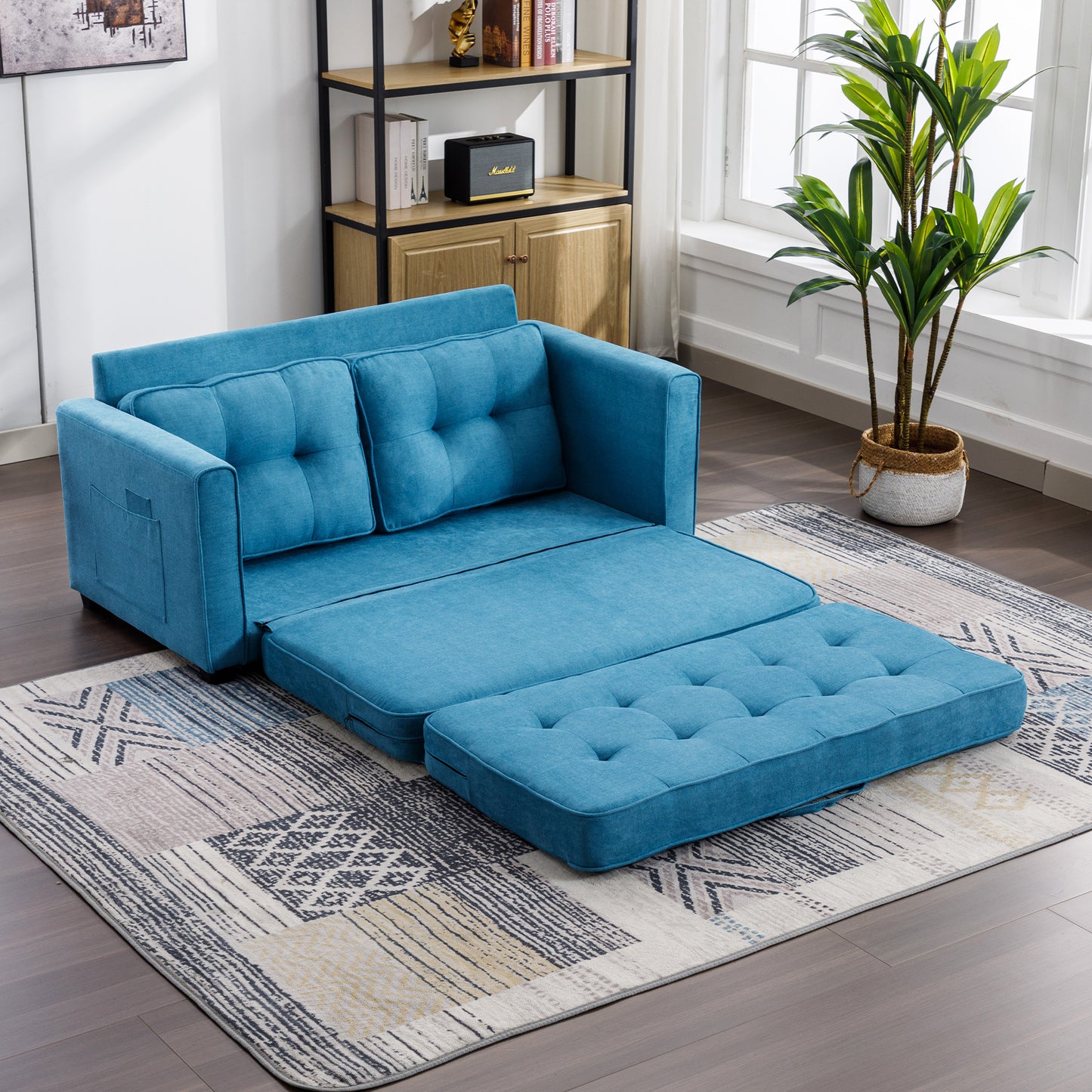 Modern Blue Loveseat Sofa with Pull-Out Bed and Storage Pockets