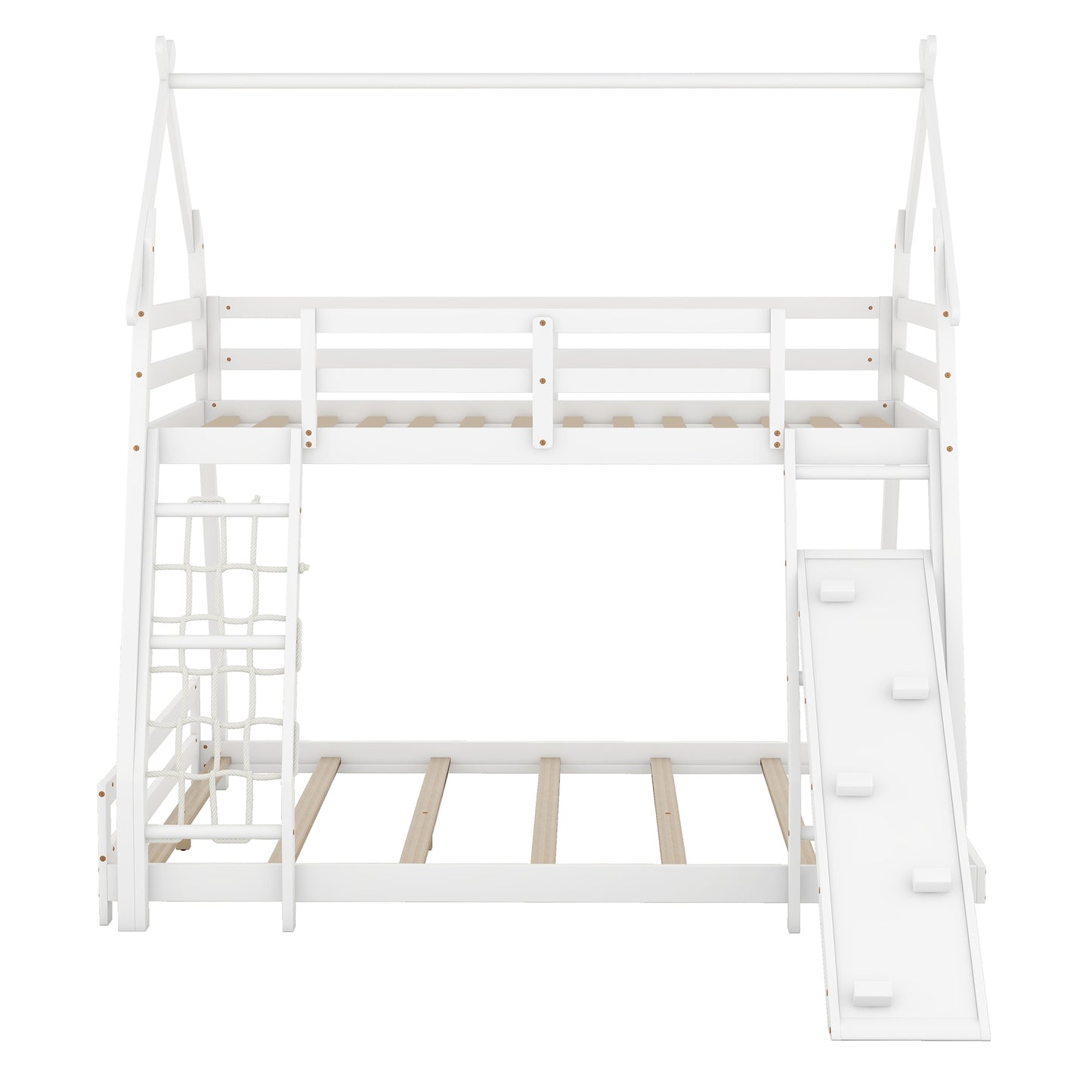 Twin and Queen Climbing House Bunk Bed with Nets and Ramp in White