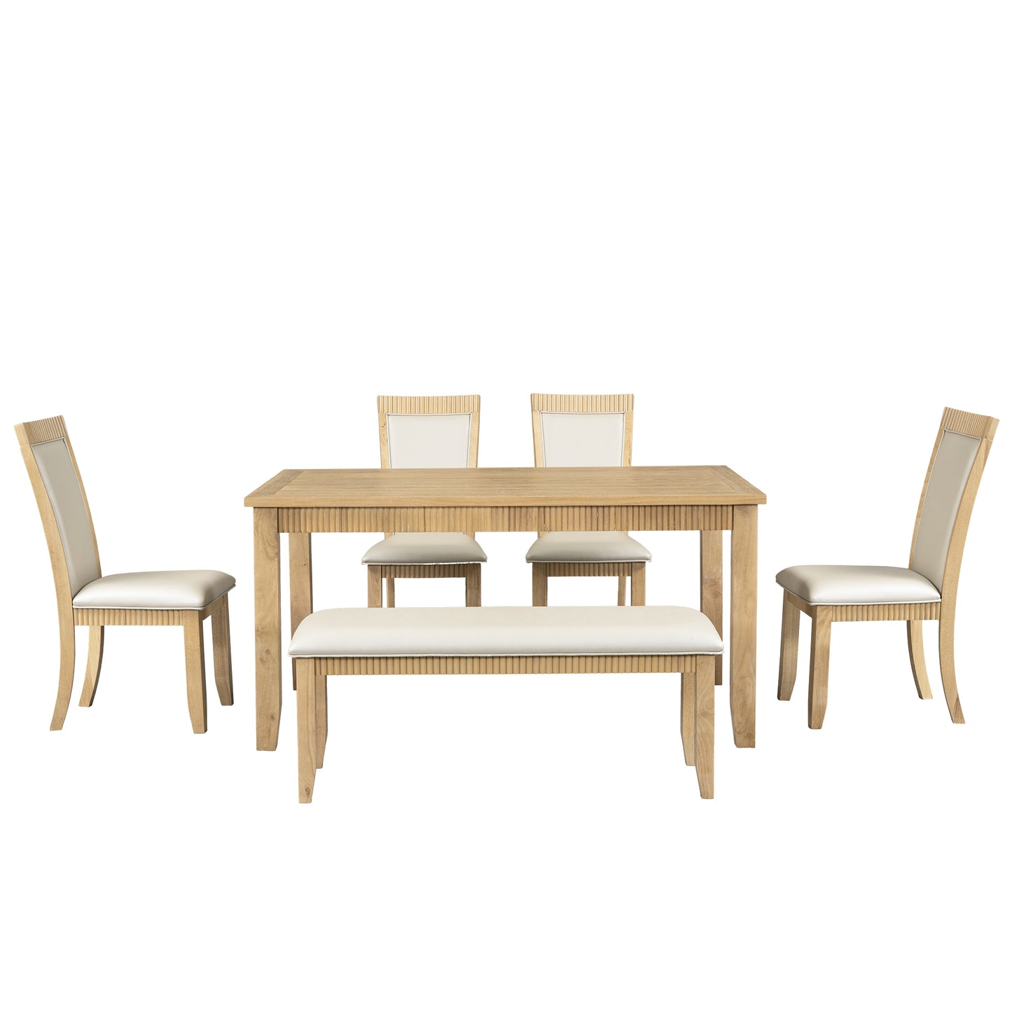 Rustic Solid Wood 6-piece Dining Table Set, PU Leather Upholstered Chairs and Bench, Natural Wood Wash