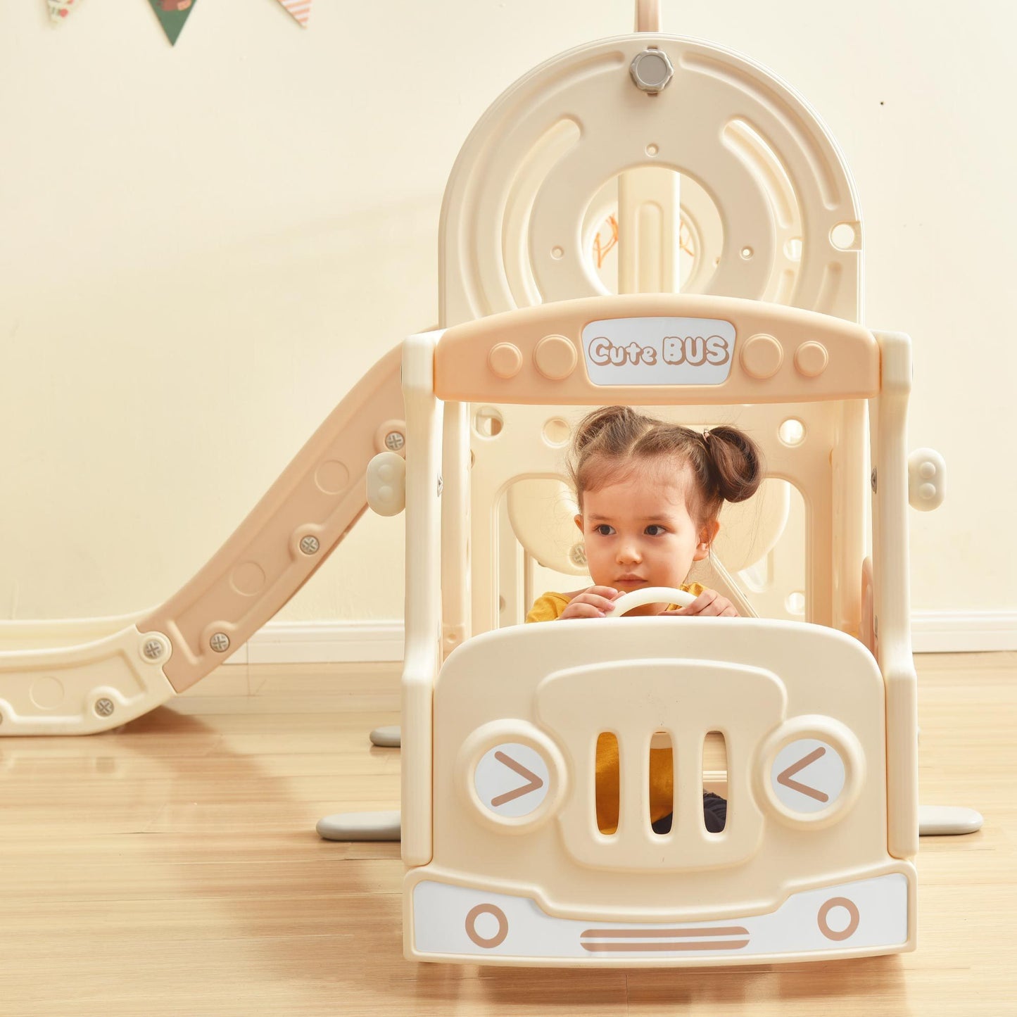 Bus-Themed Kids' Slide Set with Basketball Hoop and Freestanding Play Structure