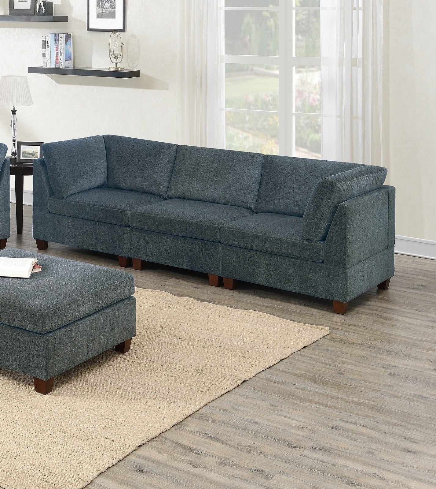 Contemporary Grey Chenille Modular Sofa Set with Ottoman and Armless Chair